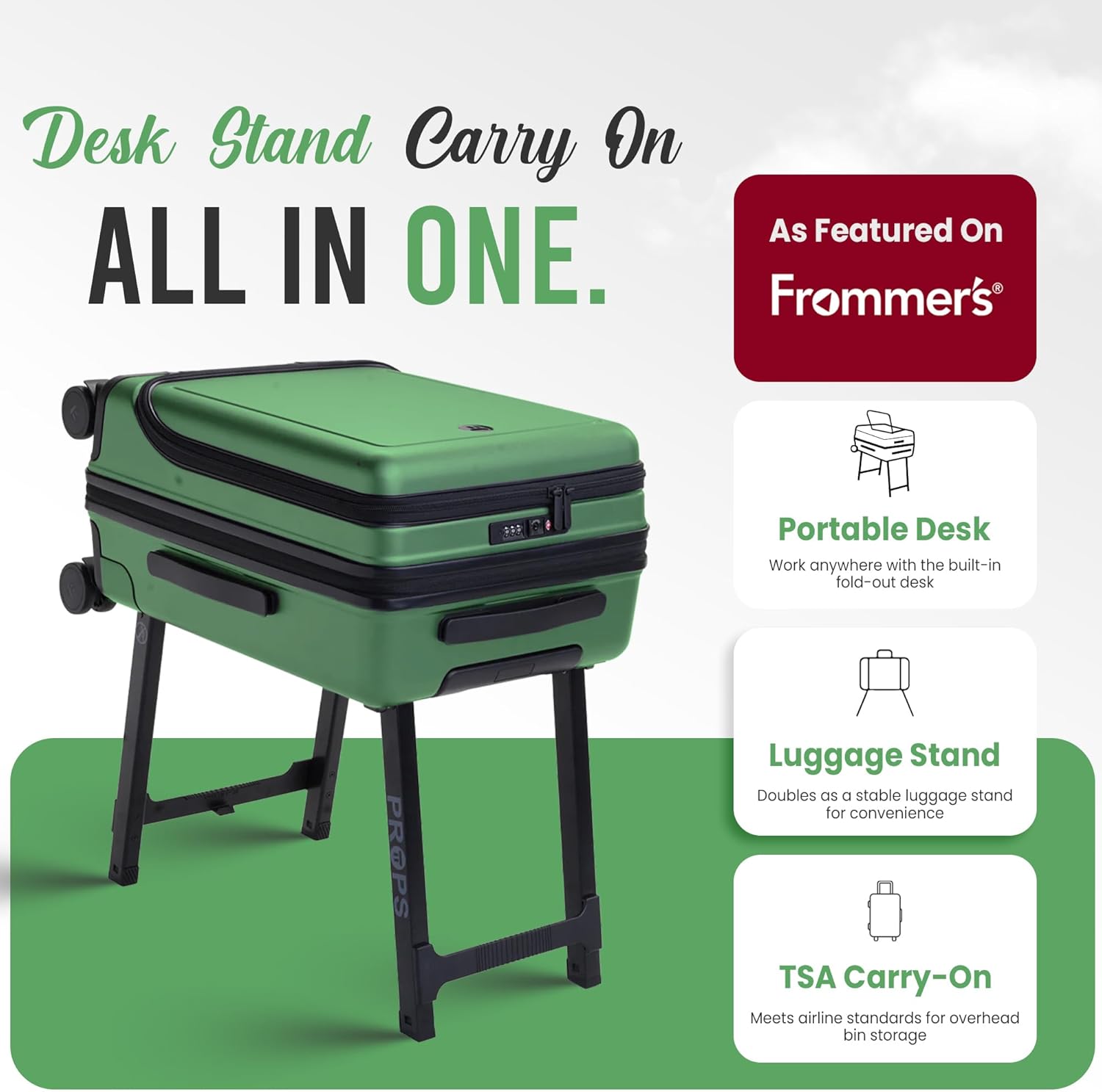 Props 22” Luxury Carry on luggage with wheels - Built-In Desk Luggage Stand - TSA Approved rolling carry on suitcase - Expandable & Lightweight airport luggage for Business Travel (Sage)