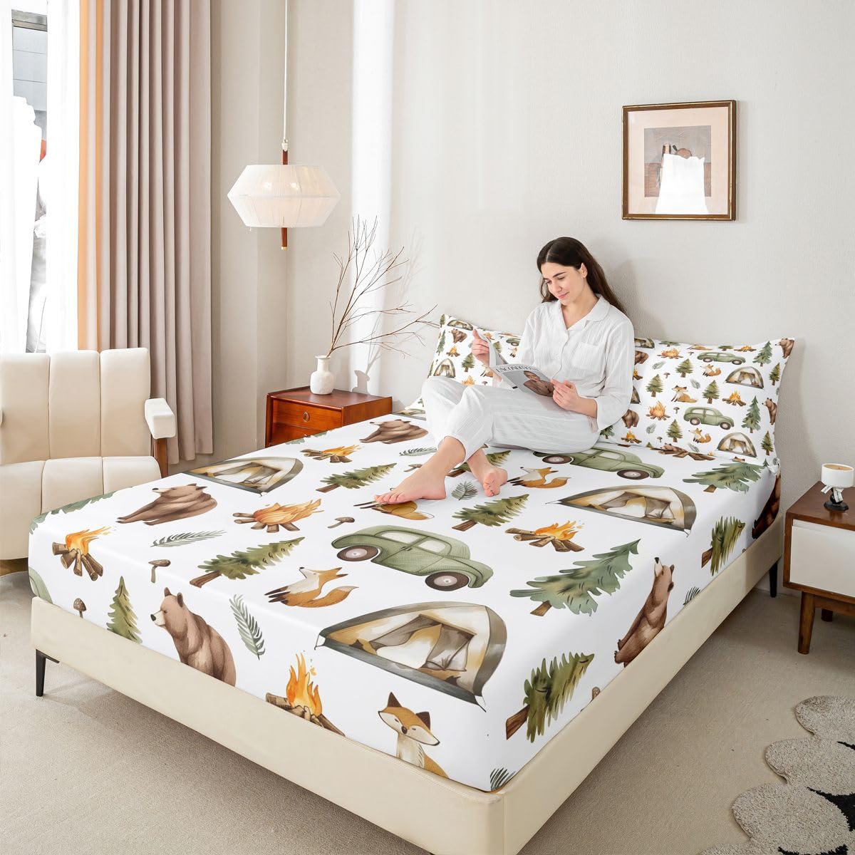 Happy Camping Fitted Sheet with 2 Pillowcases Full RV Camping Bed Sheets Set 16