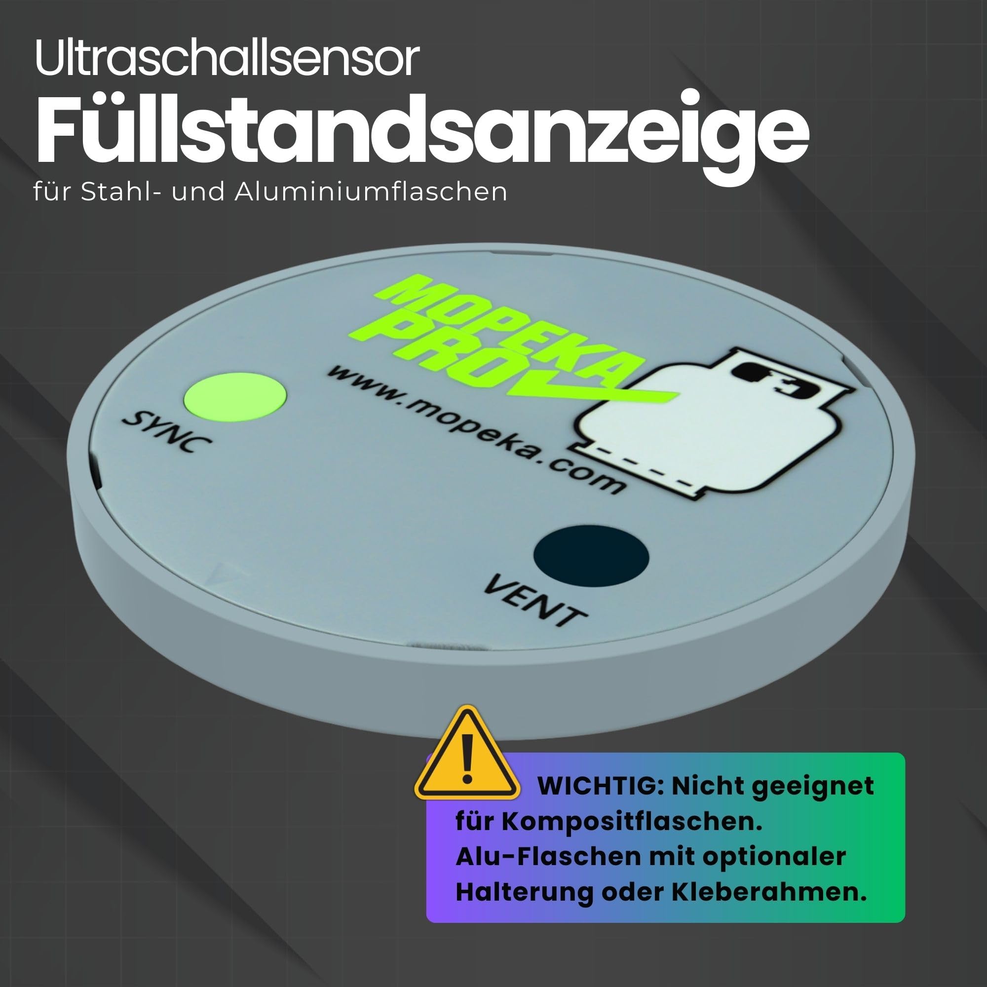 Gasflaschen Füllstandsanzeige PRO by MOPEKA - Ultraschallsensor für LPG - Magnetbefestigung für Stahlflaschen - Bluetooth App Anzeige - Horizontal und Vertikal - 5 kg 11 kg 33 kg