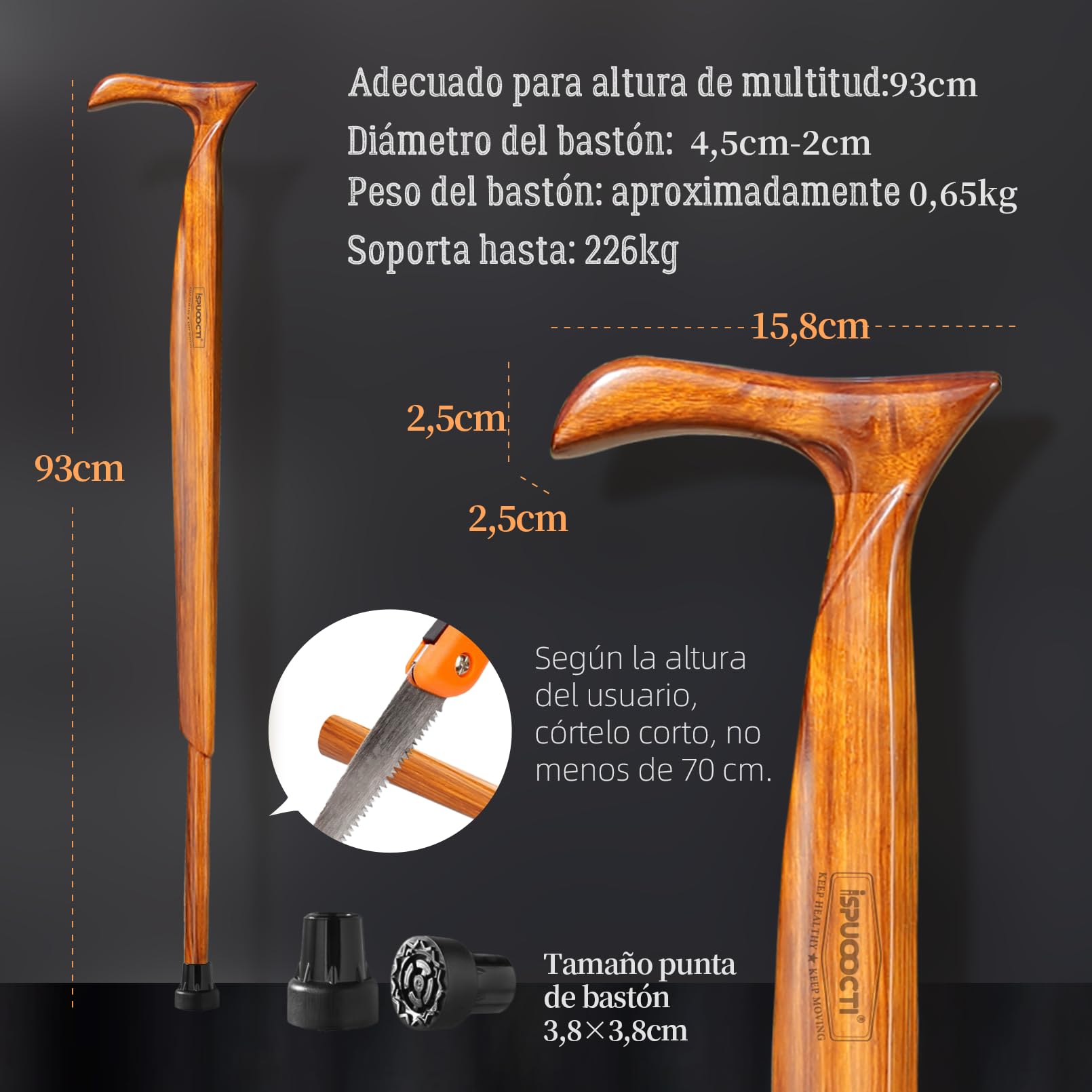 Laska drewniana dla mężczyzn i kobiet – naturalne lite drewno, 3 gumowe nóżki, wytrzymałe, z torbą podróżną – ergonomiczne kijki dla seniorów, uniseks