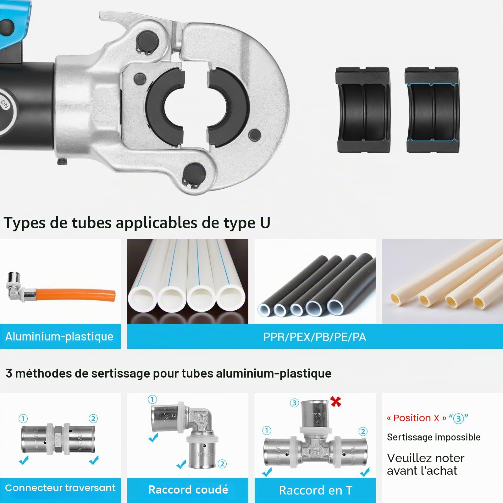 Pince a Sertir Multicouche U,Sortie 8T, Tubes en Aluminium-Plastique/Pex/PB,Pince à Sertir avec Tête Rotative à 360° et Poignée Ergonomique en Caoutchouc,Pour Raccords sur Tubes: U16, U20, U25, U32