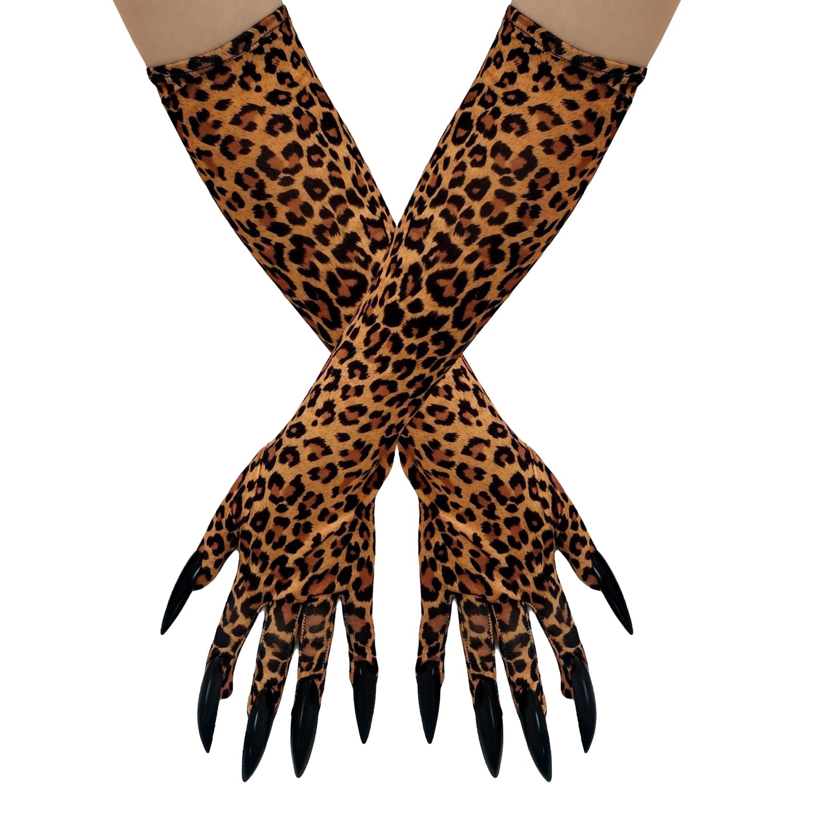 Unisex Halloween Animal Cosplay Costume Cat Paw Claw Wolf Gloves with Long Pointed Fingernails Elbow Length Funny Ghost Witch Gloves Hand Mittens for Halloween Cosplay Party Fancy Dress (Leopard)