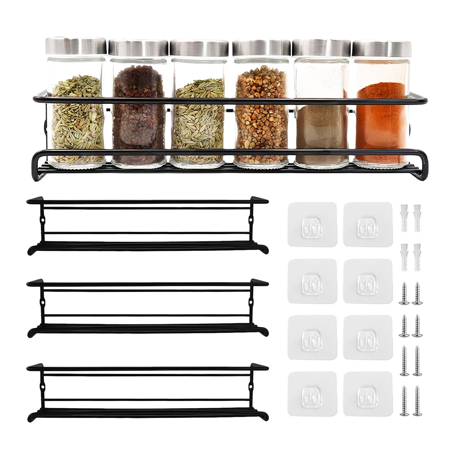 WEELOO 4pcs Spice Rack for Inside Cupboard, Wall Mounted Spice Rack Hanging Metal Seasoning Organizer with Adhensive Stickder & Screws for Condiments, Spice Jars