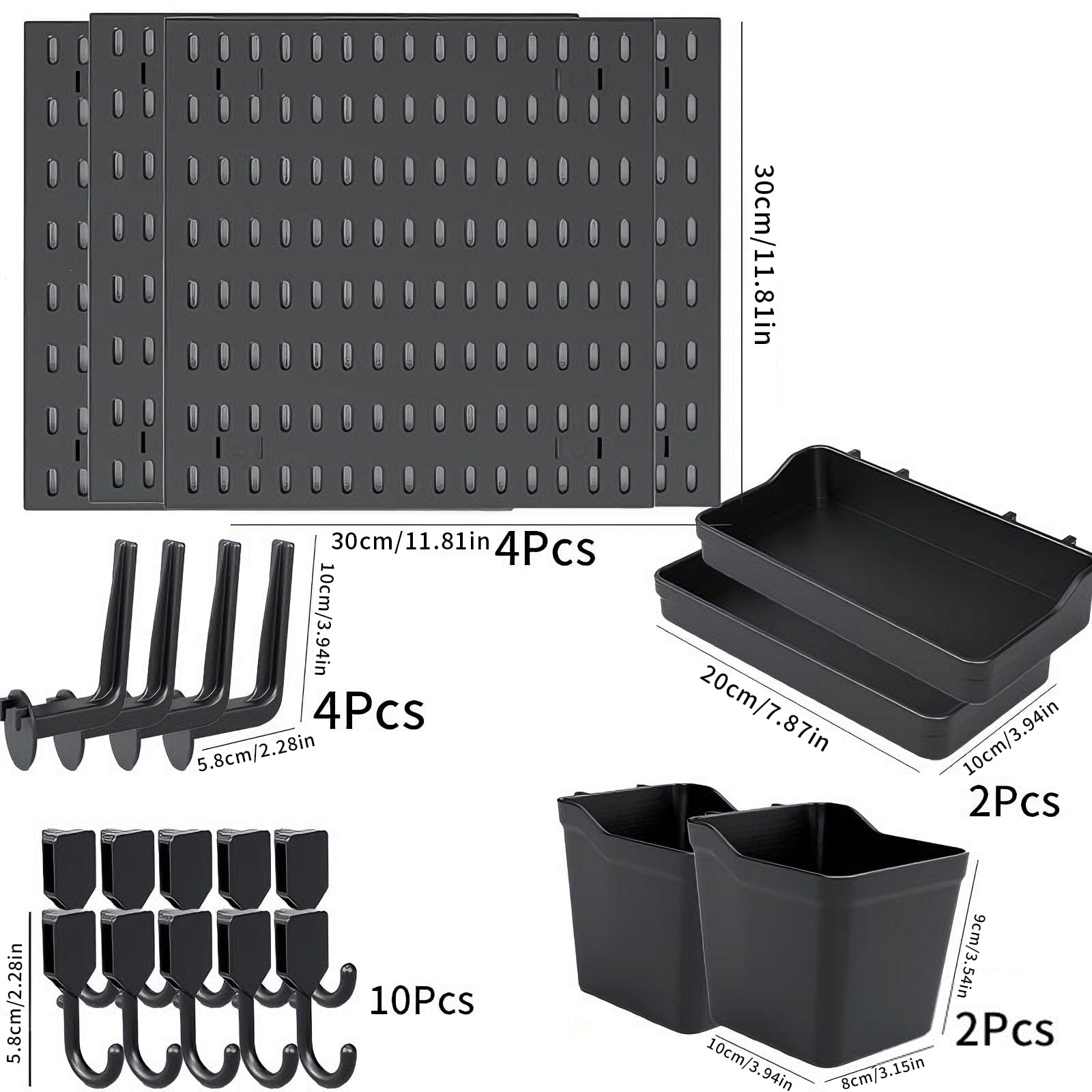 Pegboard Stecktafel Set mit 18 Zubehör, Wand Organizer Schwarz | 4 Stecktafeln 30x30 cm, flexibel kombinierbar, für Büro, Gaming Setup und Schreibtisch Organisation