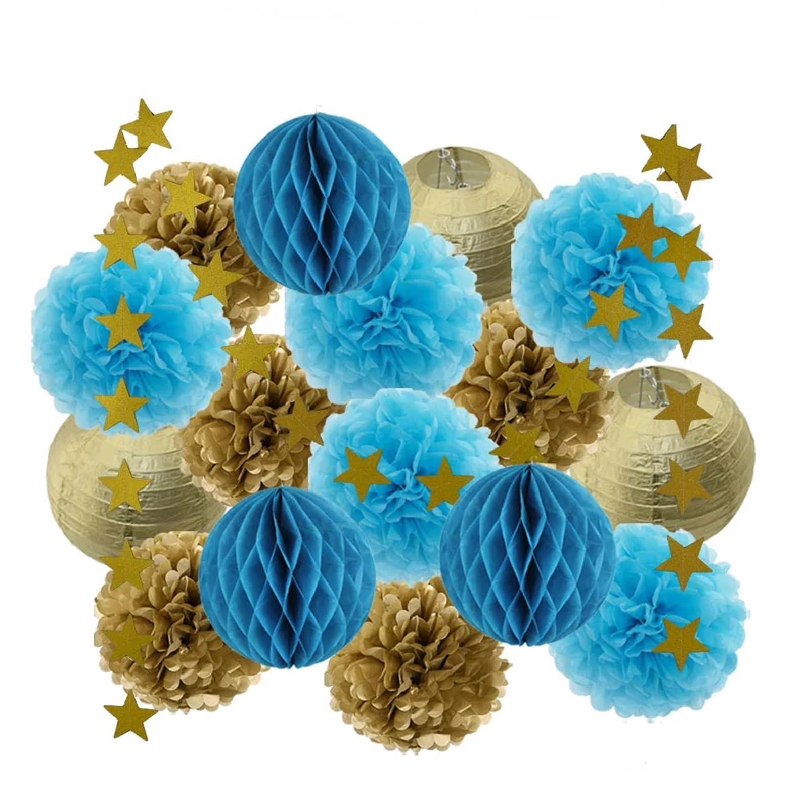 Paper Pom Poms Wedding Ceremony Events Decor Gold Paper Lanterns Honeycomb Red Tissue Pompom for Party Supplies(Gold Blue)