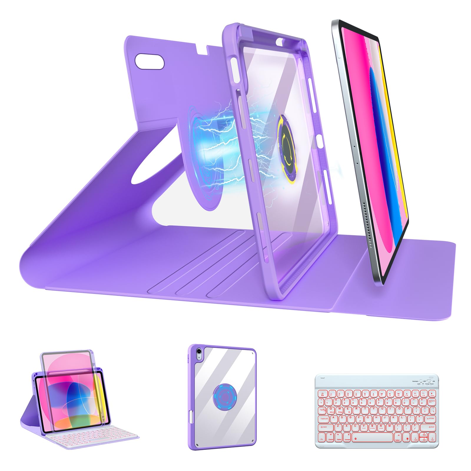 BOBOLEE10th Keyboard Case for iPad 10.9 inch 2022 Released, Wireless Detachable Backlit 7 Colors Keyboards, 360 Rotatable Thin Slim Cover with Built-in Pen Holder, Table Cases for iPad 10th 10.9 in