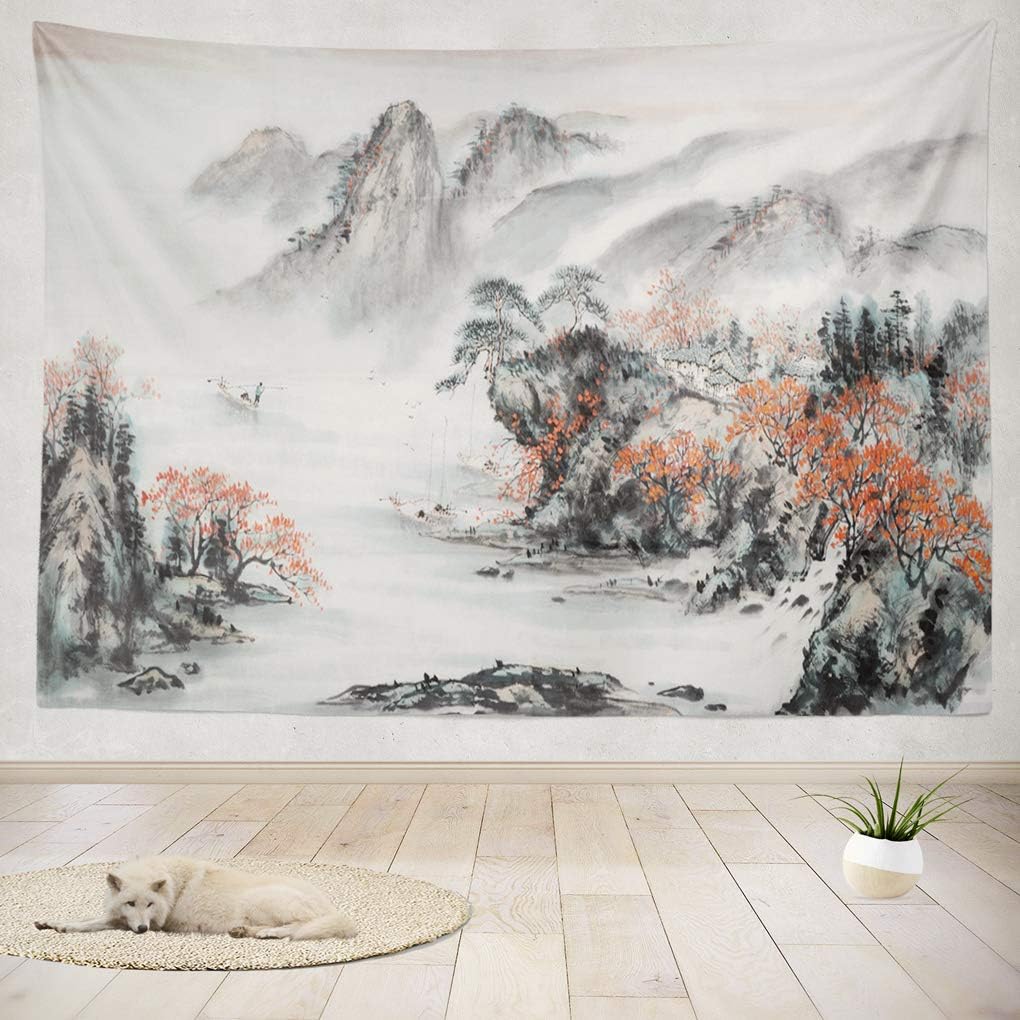 Japanese tapestry, Mountain Tapestry 80 X 60 Inches Tapestry Wall Hanging Interior Decorative Pink Cherry Chinese Landscape Japanese Blossom for Bedroom Living Room Tablecloth Dorm