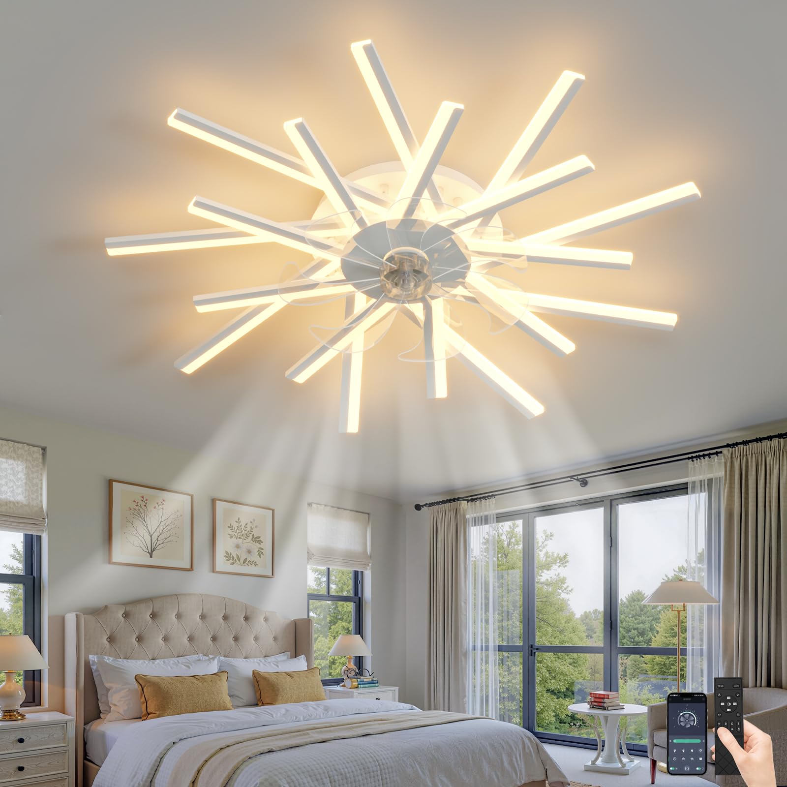 SXDMOUBK 6 Wind Speed Ceiling Fans with Lights and Remote Control Silence Chandeliers Ceiling Light Dimmable Reversible DC Fan Light Ceiling for Living Room Bedroom-White||92cm