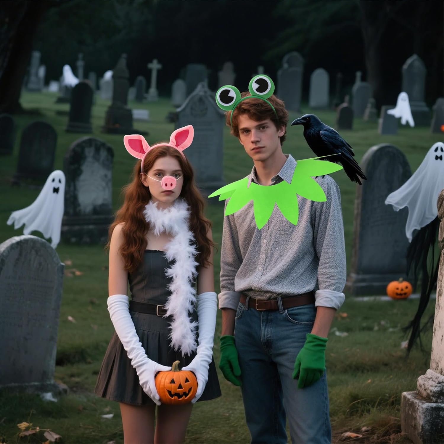 7 Pcs Halloween Frog Pig Costume Couple Accessories Set Frog Collar Headband Pig Headband Nose Gloves and Feather Boas for Adult Halloween Cosplay Party Dress up - Image 4