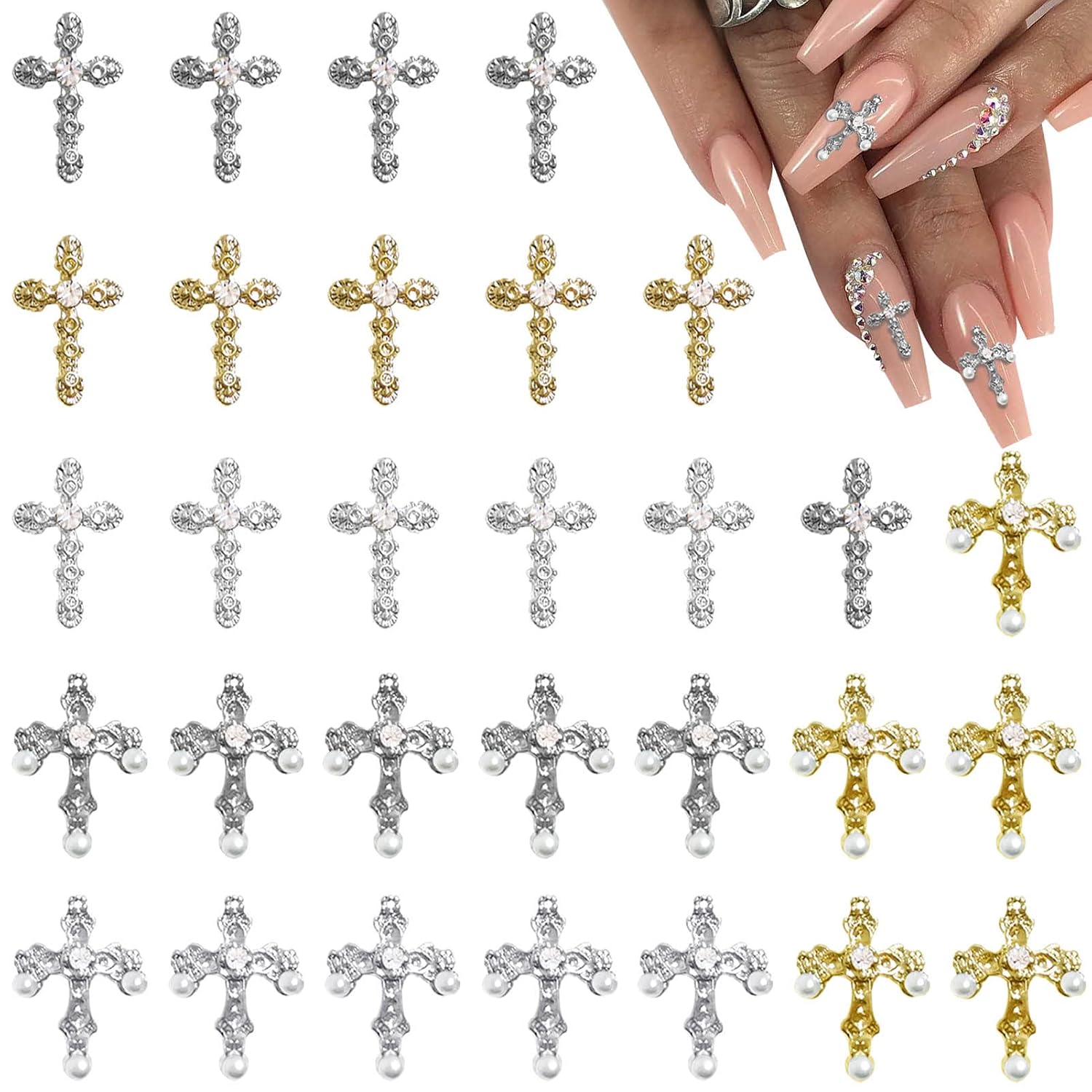 3D Cross Nail Charms - Pearl Gems & Rhinestones Decor