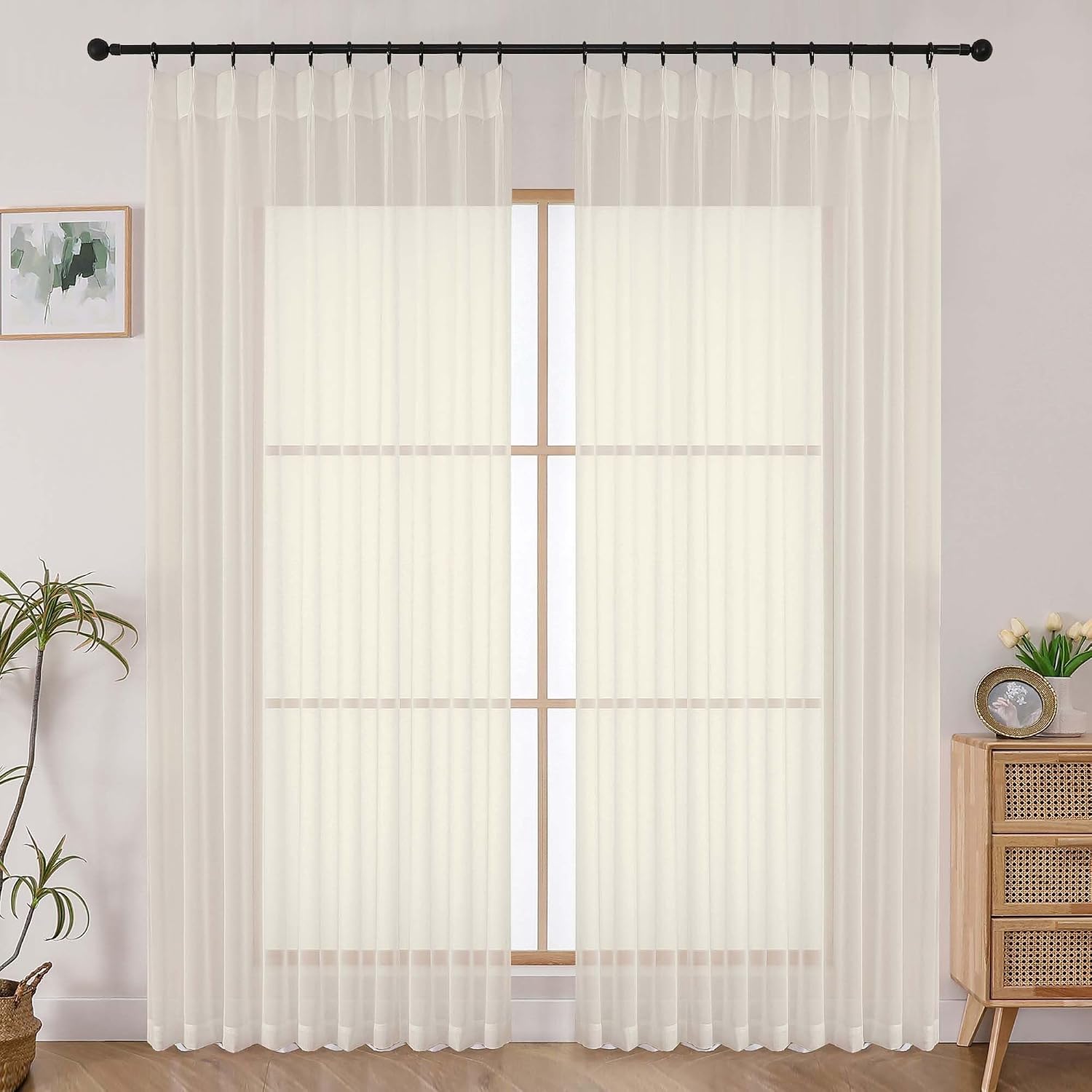 OWENIE Cream Pinch Pleated Sheer Curtains for Living Room 84 Inch 2 Panels