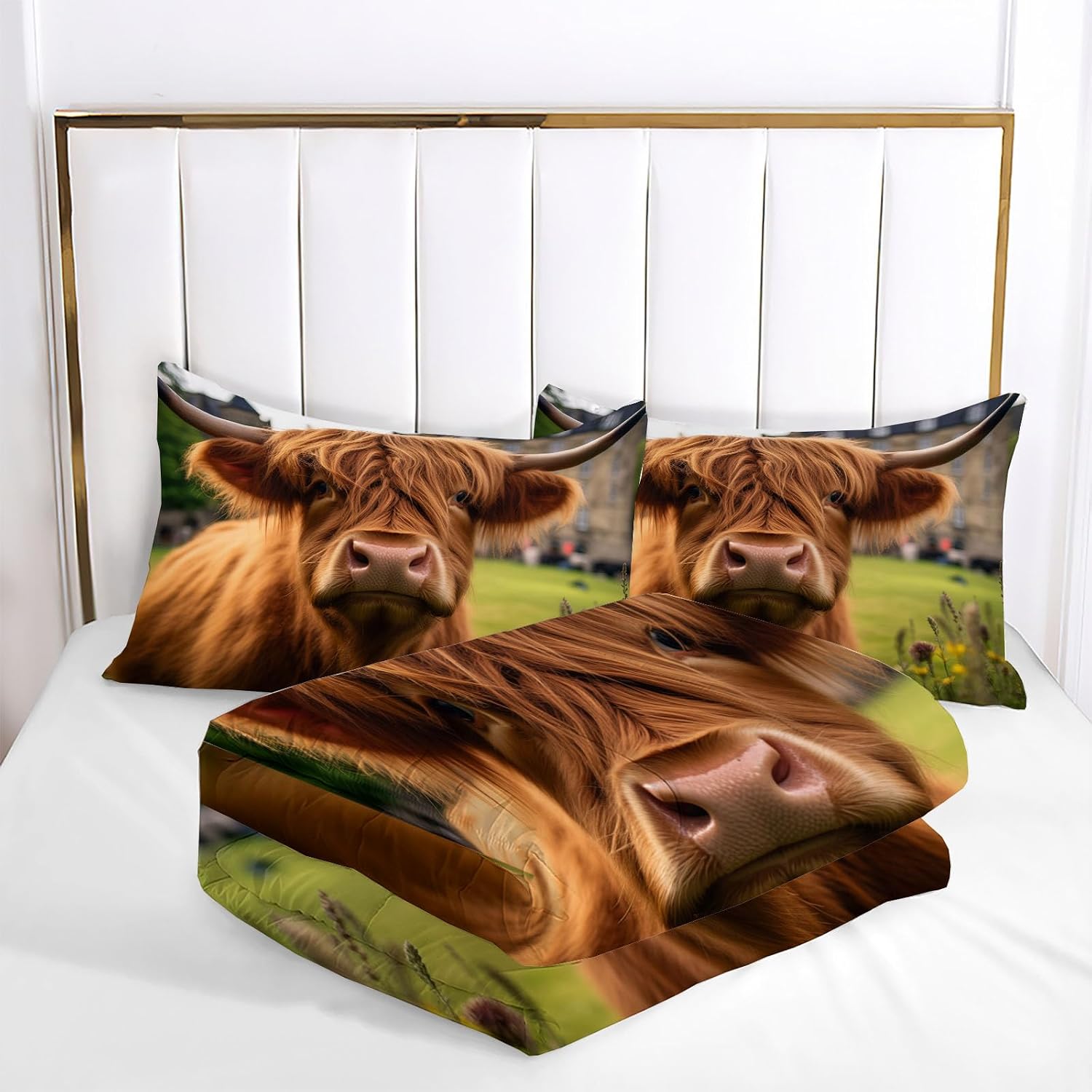 Rural Farmhouse Comforter Set King Size, Cute Highland Cattle Bedding Set for Girls Boys, Brown Quilt Bed 104"X90" Bedding Comforter Sets with 2 Pillowcase Room Decor