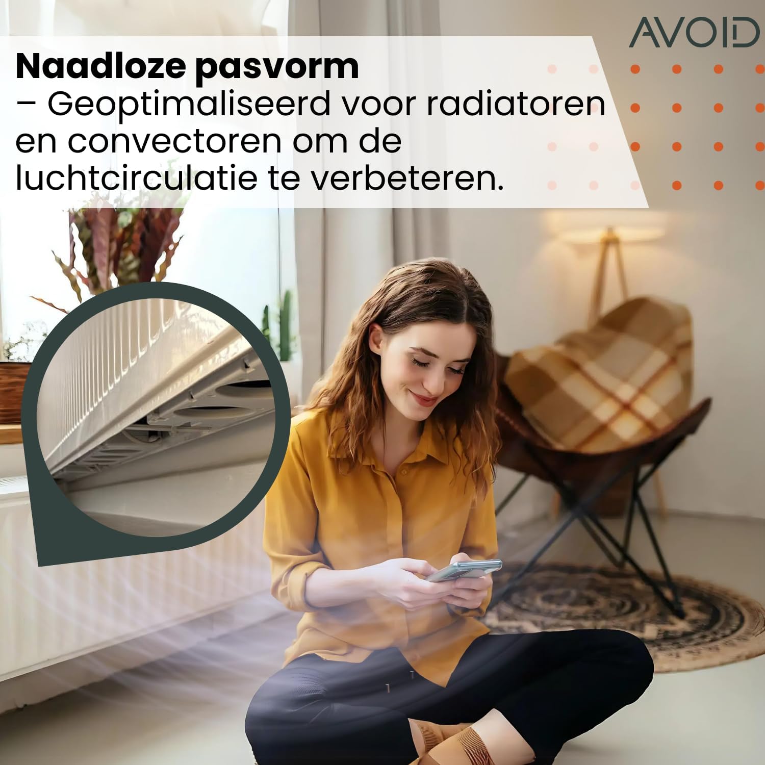 Detailní záběr view of the AVOID Radiator Fan installed seamlessly under a radiator, with a person in the background.