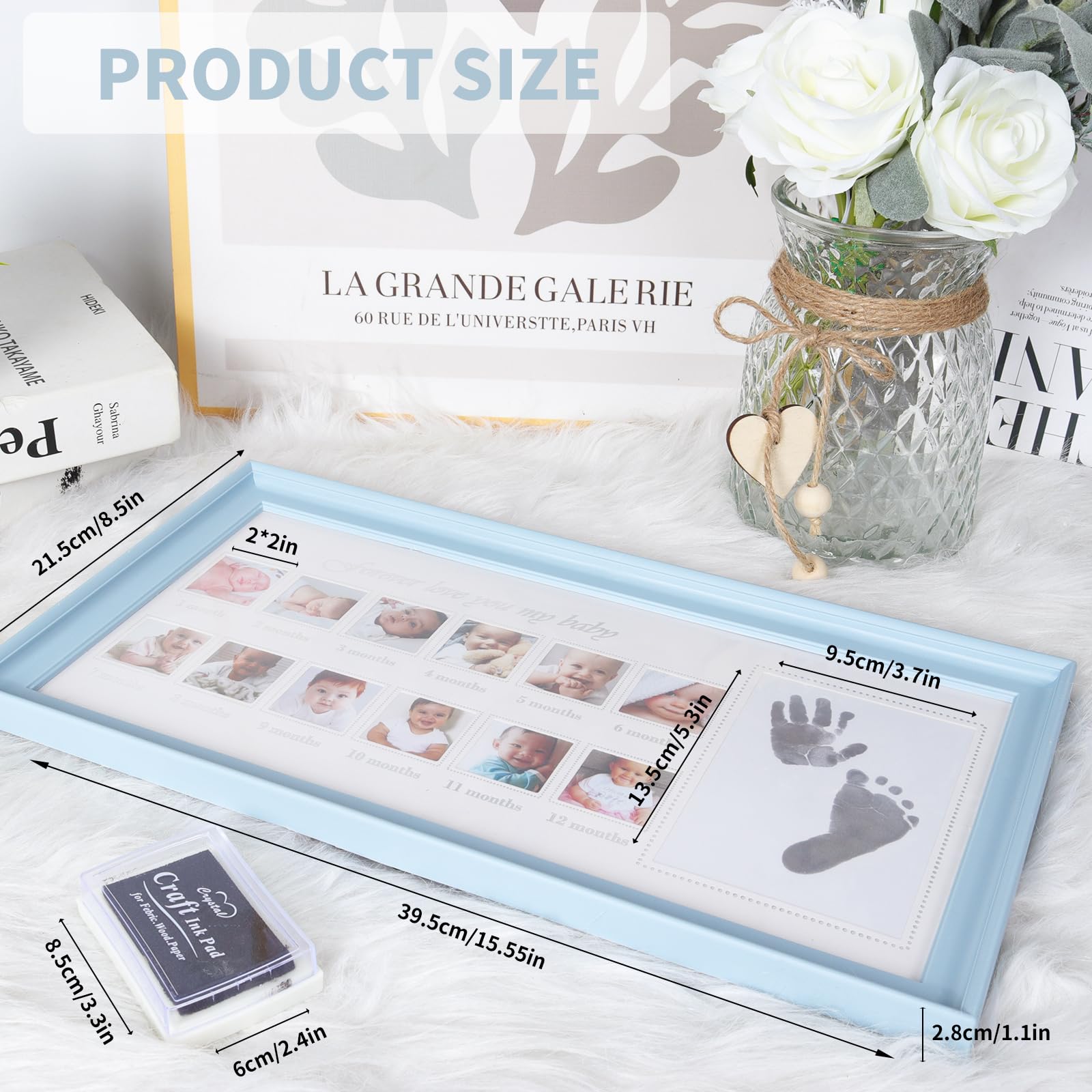 RECUTMS Baby First Year Photo Frame, 0-12 Month Picture Frame for Baby First Year, Newborn Baby Photo Frame for Memories Baby 1st Birthday Gift with 12 Photo Slots and Baby Ink Pad (Blue)