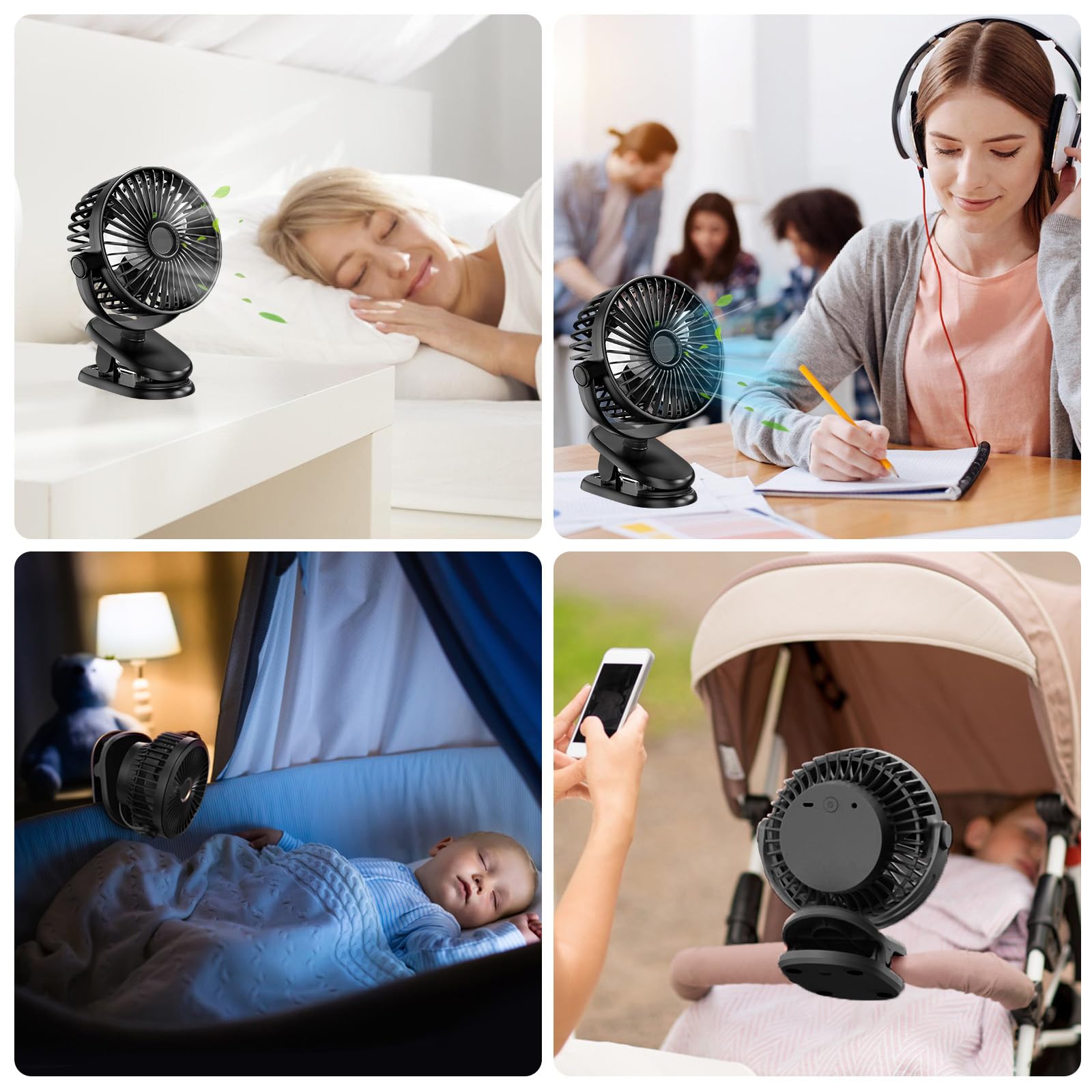 Mini ventilatore a clip, 5000 mAh, con clip, mini ventilatore, ventilatore da tavolo, ventilatore a morsetto, piccolo ventilatore da tavolo, silenzioso, 3 livelli di velocità, rotazione a 360°
