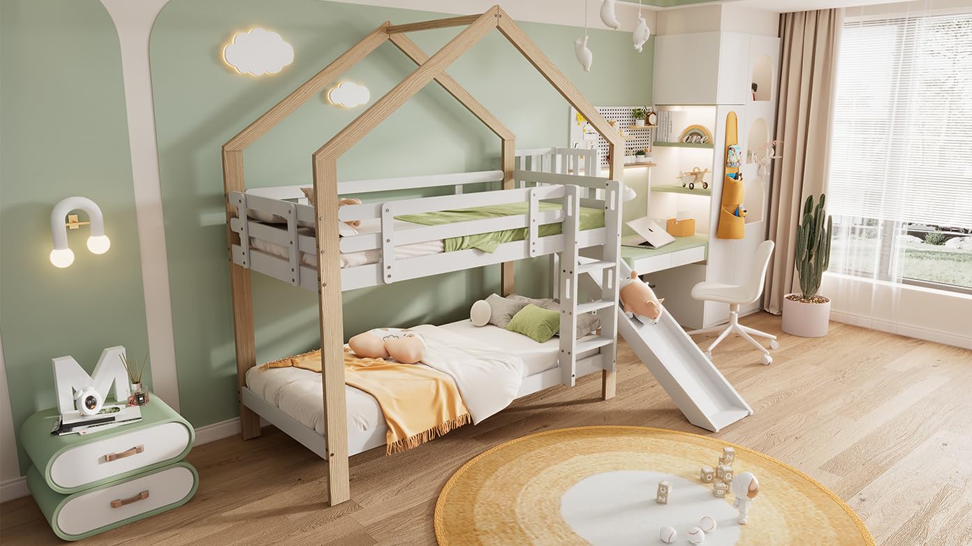 Letto a castello con scivolo e scala angolare a tre pioli, letto con protezione anticaduta, letto per bambini, telaio in legno massello, bianco+colore naturale, 90 x 200cm (Senza cassetto)