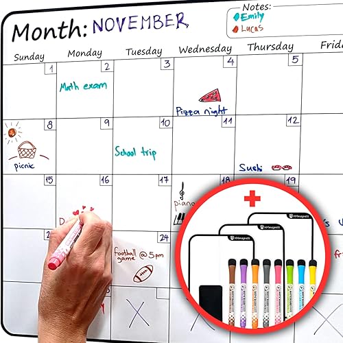 Calendario mensual magnético grande de borrado en seco + bono gratis: 3 pizarras blancas para lista de comestibles/tareas (organizador/planificador)