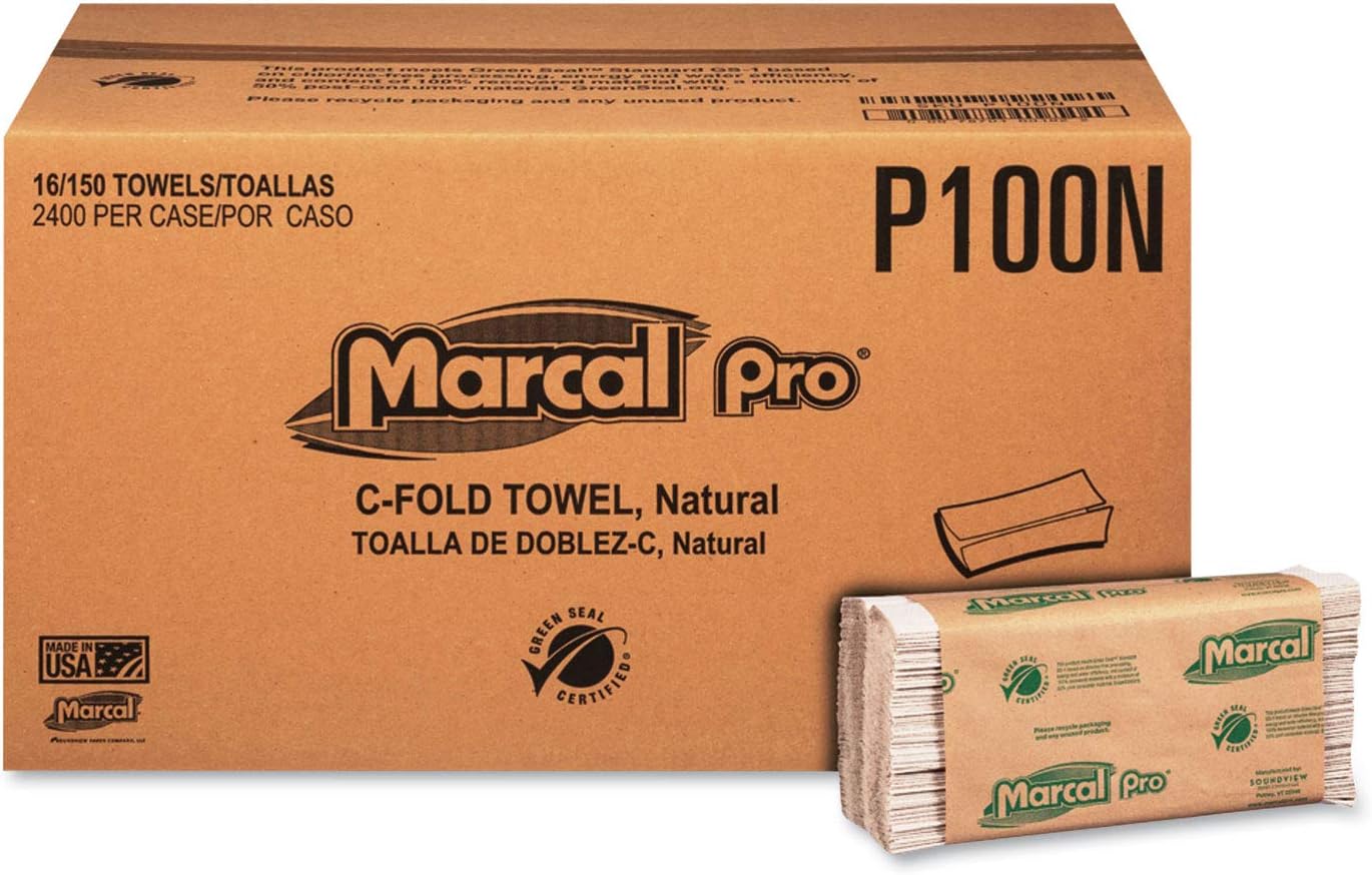 Marcal PRO Folded Paper Towels, 1-Ply, 12.88 x 10.13, Natural, 150/Pack, 16 Packs/Carton