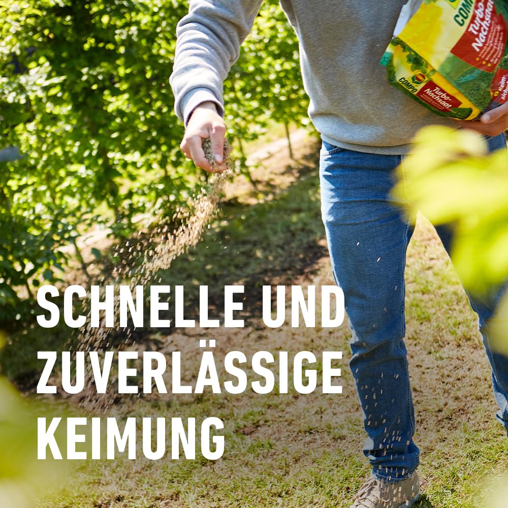 COMPO Turbo‑Nachsaat, 2,6 kg für 130 m² – Premium Rasensamen schnellkeimend und mit Keimsicherheit zur schnellen Reparatur von strapazierfähigen Spiel‑ und Gebrauchsrasen, Nachsaat Rasen Frühjahr