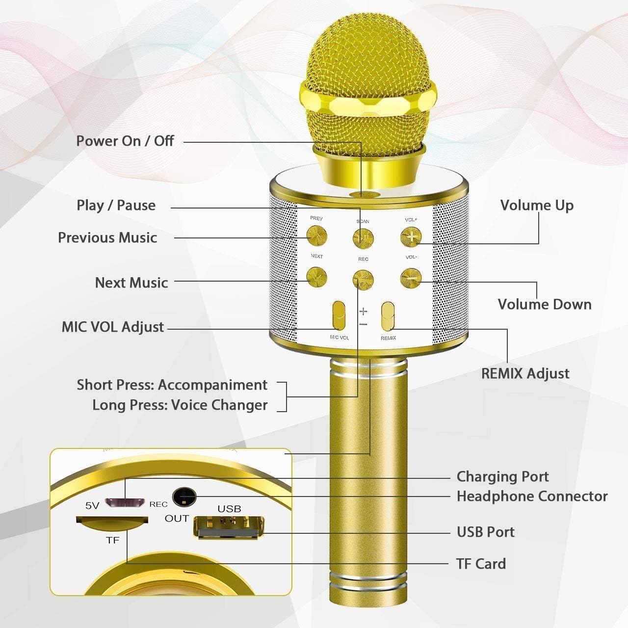 YONHAN 2 Pack Microphones for Kid Wireless Bluetooth Karaoke Microphone for Singing, Portable Handheld Mic Speaker Music Player Recorder for Christmas, Birthday, Home Party (Yellow)