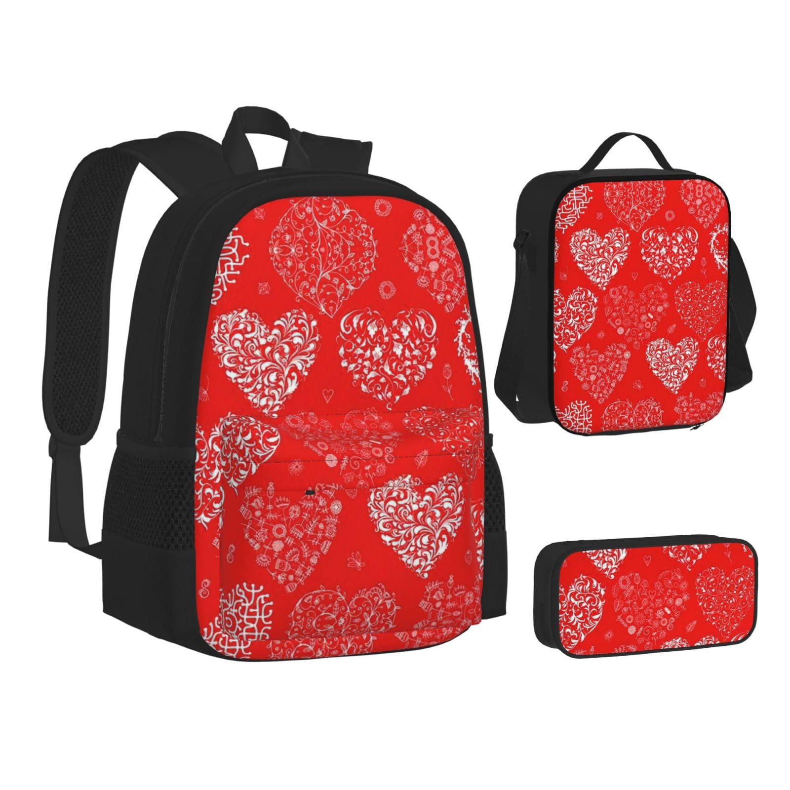 Juego de 3 mochilas escolares con estampado de amor, mochila para laptop resistente al agua de gran capacidad con bolsa de almuerzo aislada y estuche para lápices para adolescentes de