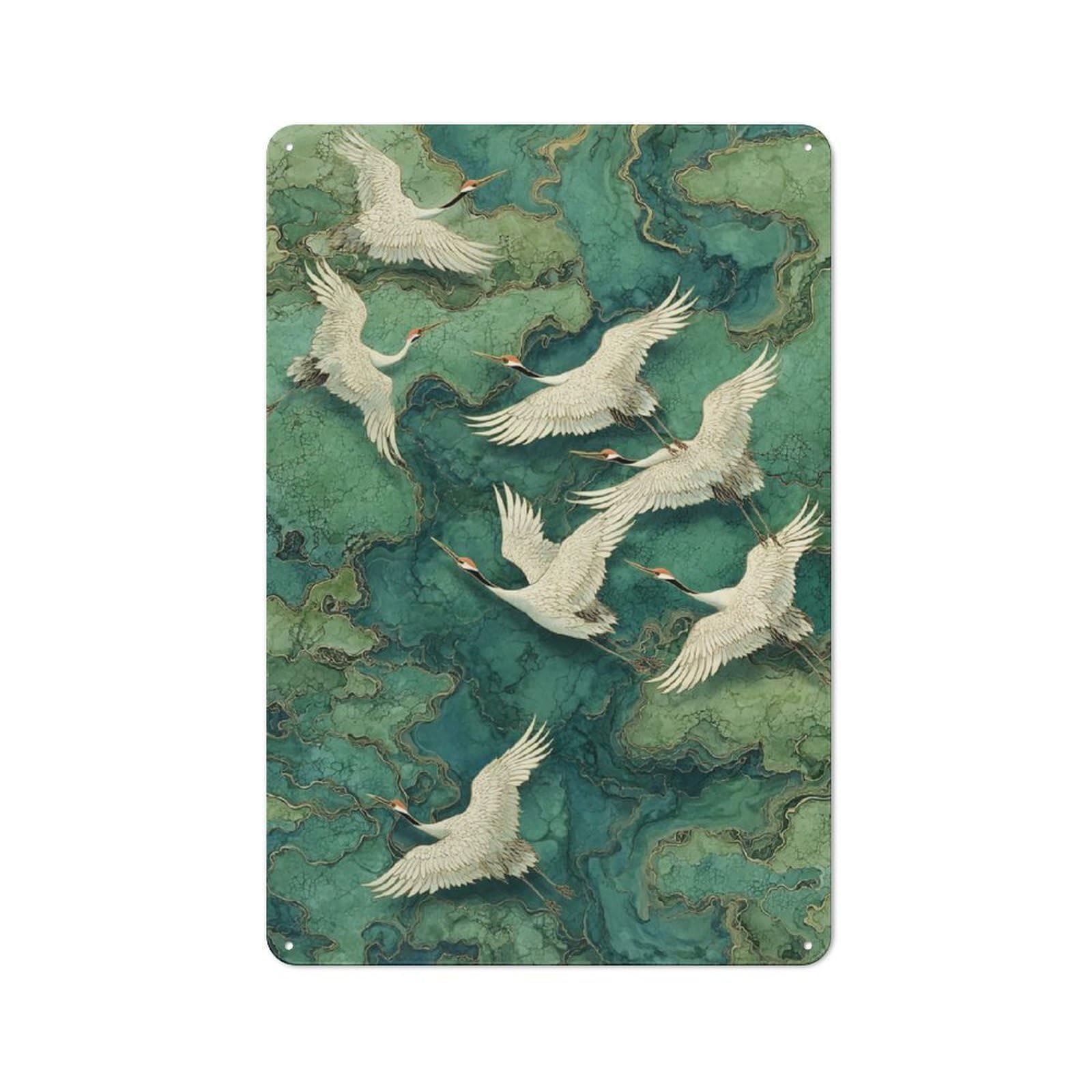 Junmoney Style-17 Garage Style Cranes In Flight Over Green Waters Decorative Metal Plaque 30X20cm, Garage Wall Decor For Workshop, Basement, Shed Or Games Room