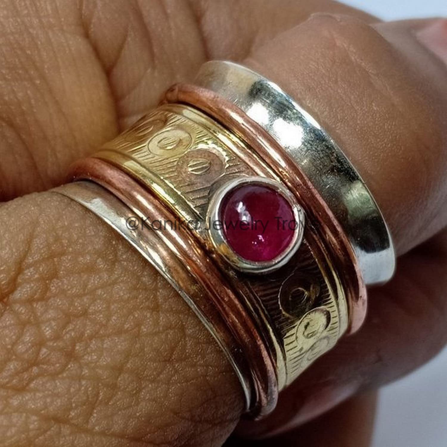 925 Sterling Silber Band, Messing und Kupfer Spinner Ring für Frauen, Rubin Spinner, Angst Ring für Meditaion, Daumenringe, Geschenkring zum Muttertag (Rubin, Größe 7)
