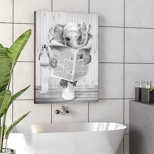 Miniatura 3 de SOKOKE Póster de elefante para pared, diseño de elefante blanco y negro, decoración de baño de elefante, periódico de lectura de elefante, periódico