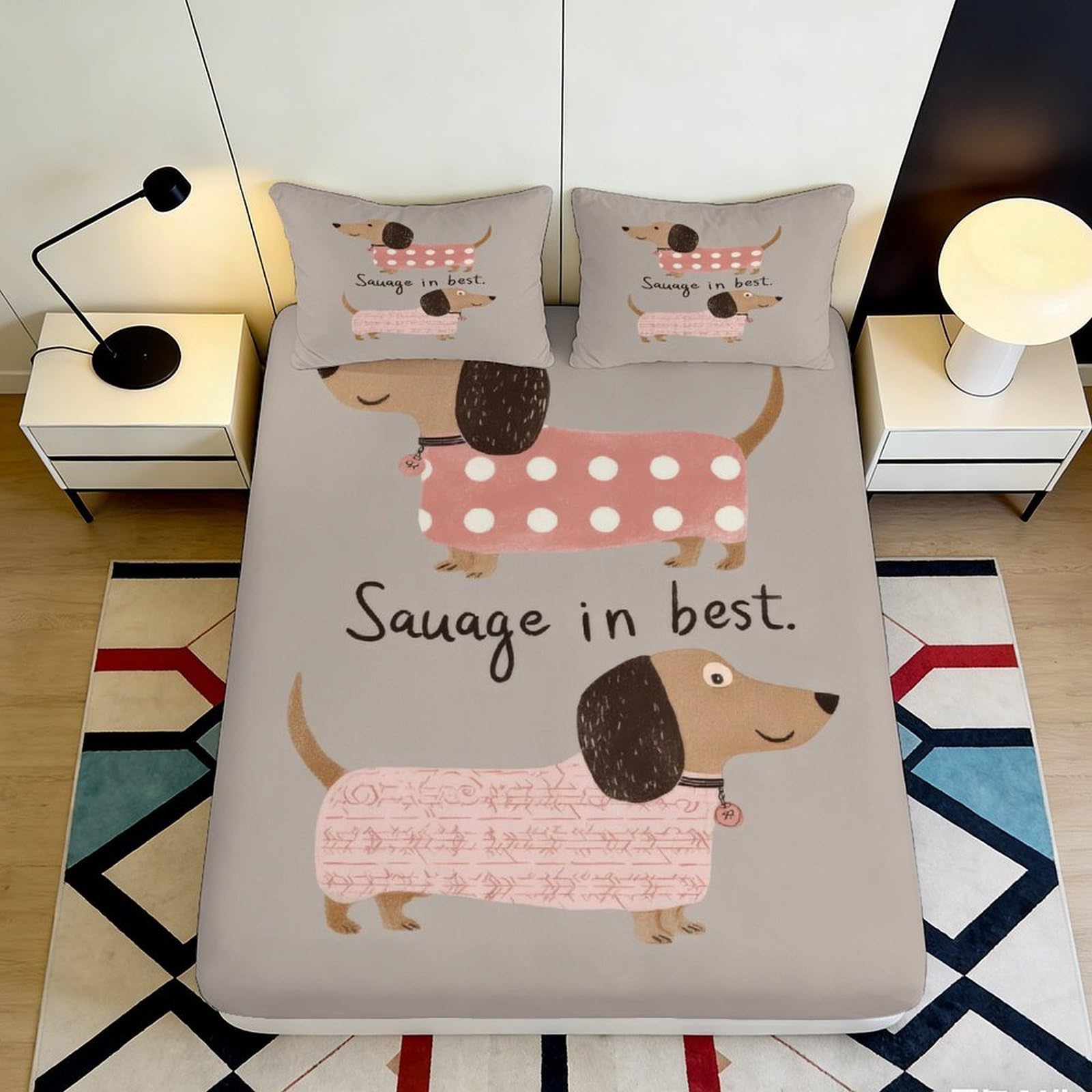 Pnayamiorkfel Style-4 3D Printed Cartoon Dachshund Fitted Sheet Microfiber Soft Breathable Pink Dog Mattress Cover For Bedroom Dorm Decor 90X200x25cm