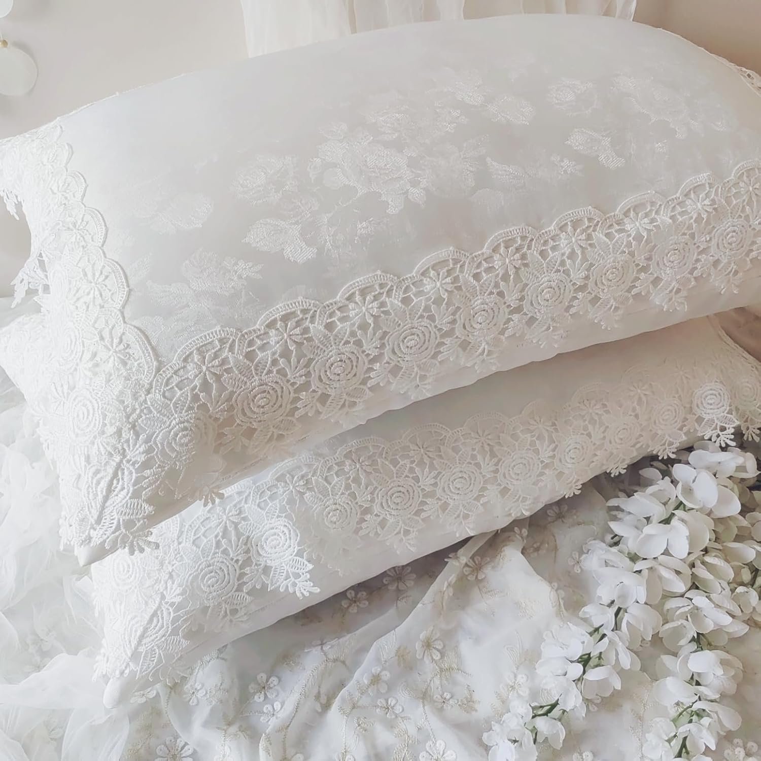 French Style King Size Pillow Covers - 20x38 Inch Vintage Chic Pillow Shams with Jacquard Rose Lace Ruffle, Perfect for Farmhouse & Elegant Home Decor