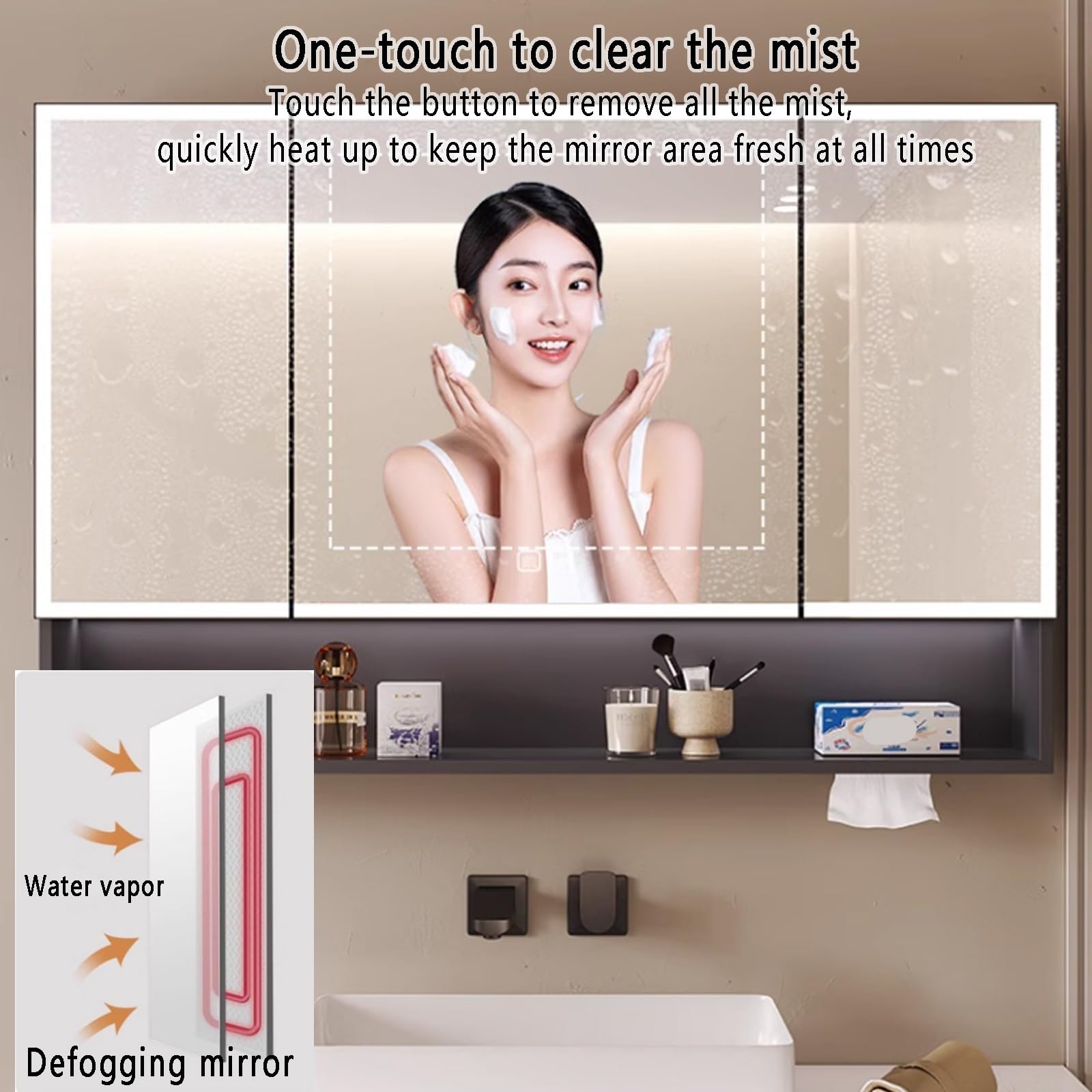 Inteligente Armarios Espejo de baño con led luz,Armario con Espejo Antivaho de Maquillaje baño,Armario de Pared Rectangular Antivaho con Estantes de Almacenaje,Interruptor Táctil,Agujero de papel(Gray