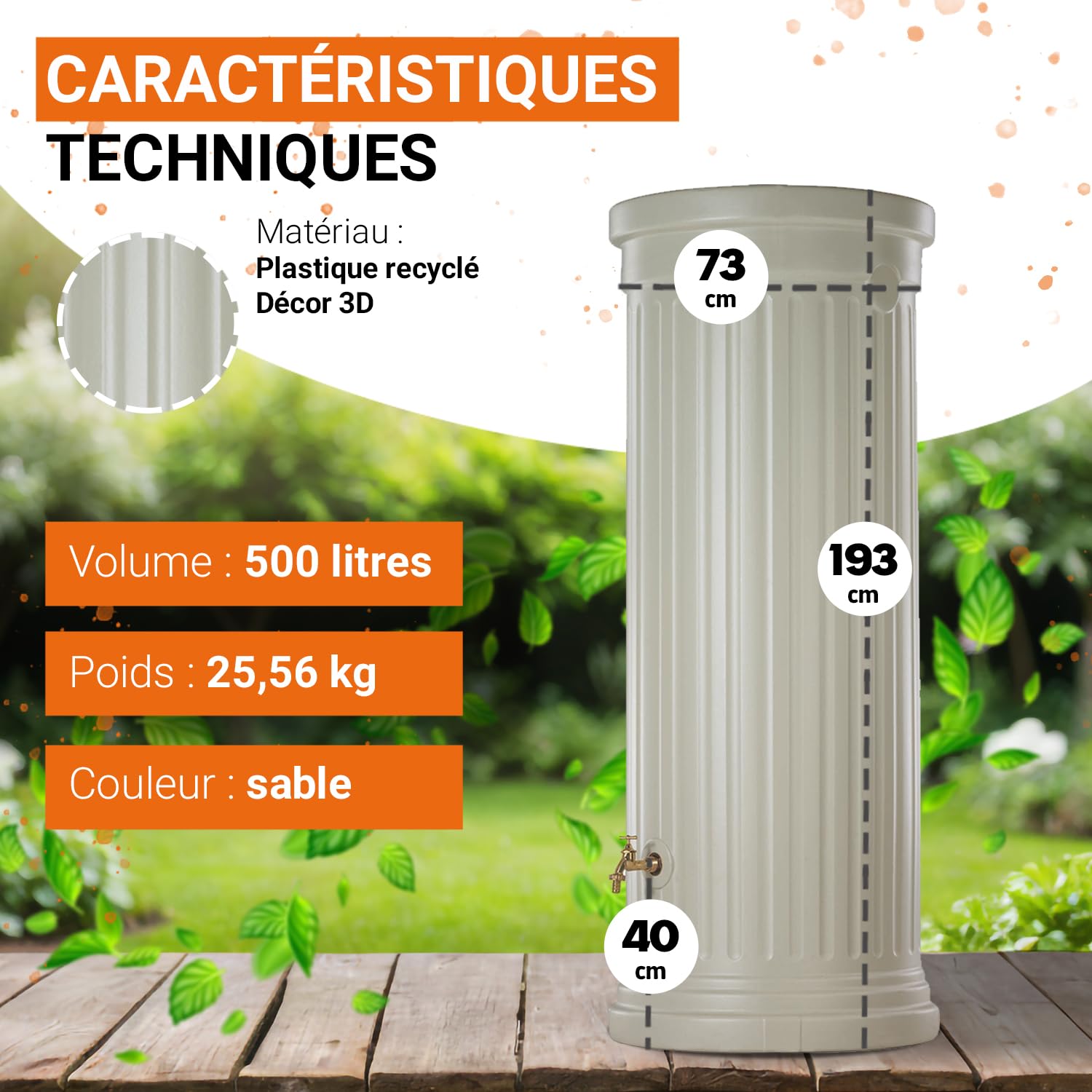 GARANTIA Colonne Romaine Recuperateur d Eau de Pluie Kit 500L Sable