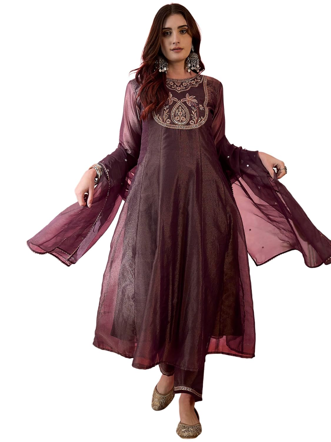 Amazon Brand – Tavasya Women Shimmer Silk Blend Zari Sequence Embroide Kurta with Pant and Dupatta Set|Kurta Set|Salwar Suit|3 Piece Set