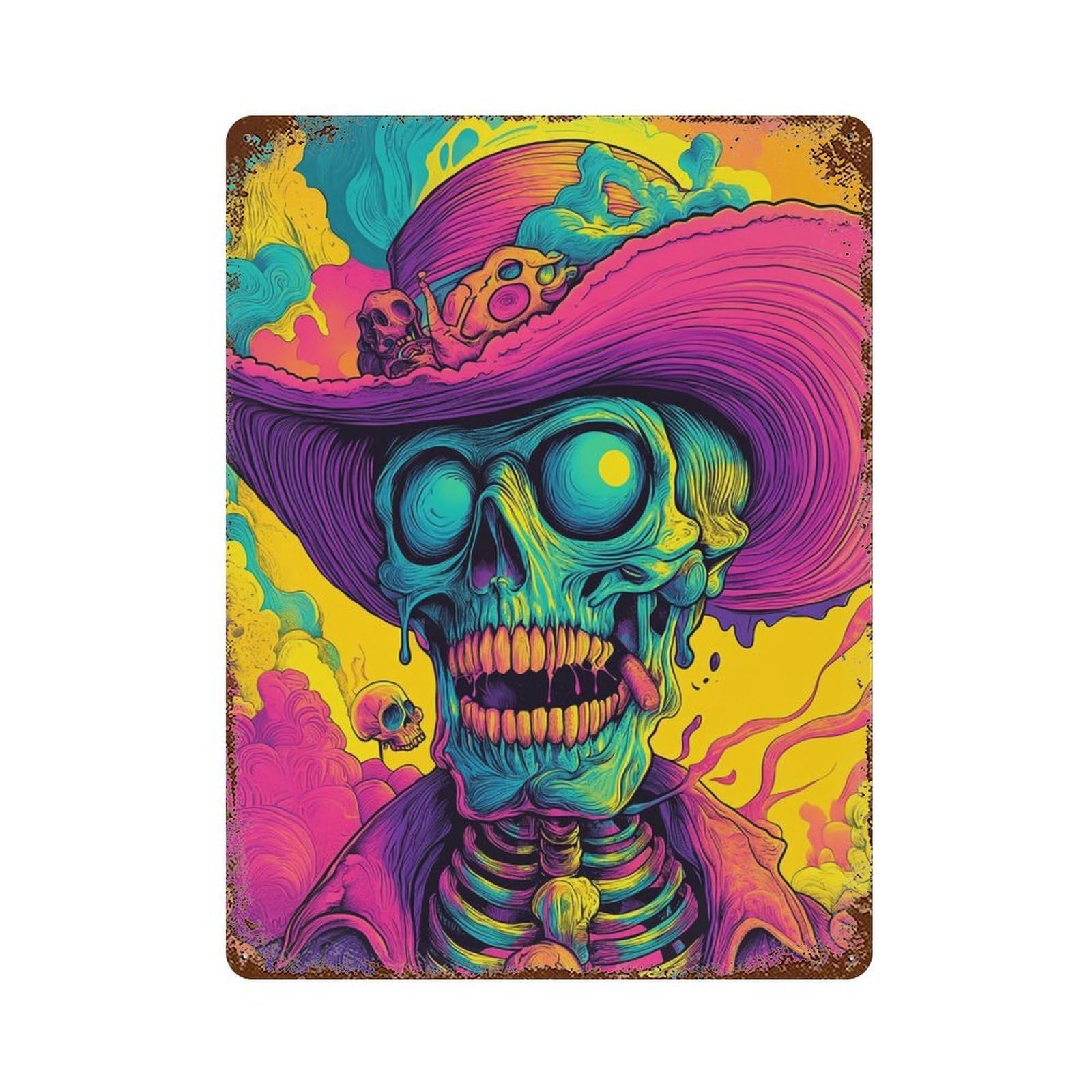 Colorful Skull Artwork Rustic Tin Plaque 15.7"x11.8", for Pub, Kitchen And Man Cave Decor, Vintage Wall Decor