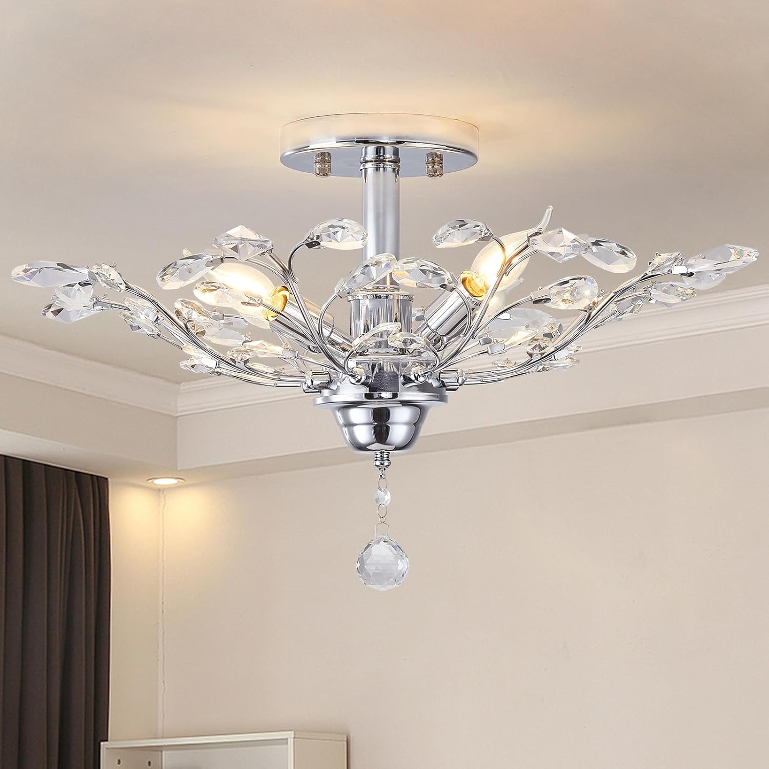 Ganeed Crystal Ceiling Light, K9 Crystal Chandeliers, Vintage Frozen Crystal Branch Close to Ceiling Lighting Fixtures with 4-Light for Living Room Dining Room Bedroom Restaurant Entryway (Chrome)