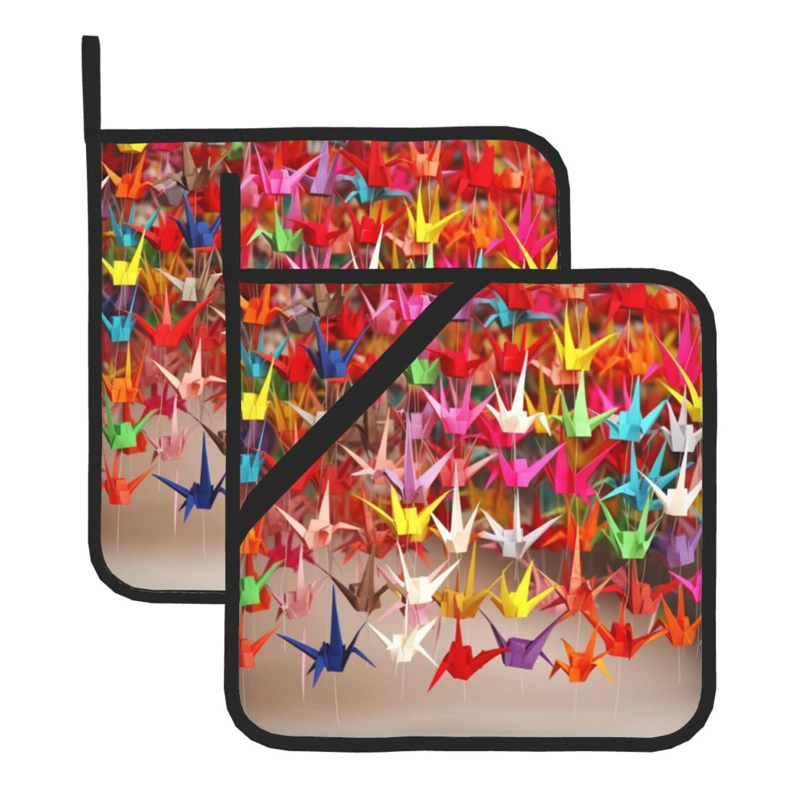 2Pcs Pot Holders for Kitchen Heat Resistant Potholder Origami Paper Cranes Hot Pads for Countertops Oven Pot Holders for Cooking Baking Kitchen Hot Mat Trivet 8 inch Hot Pad