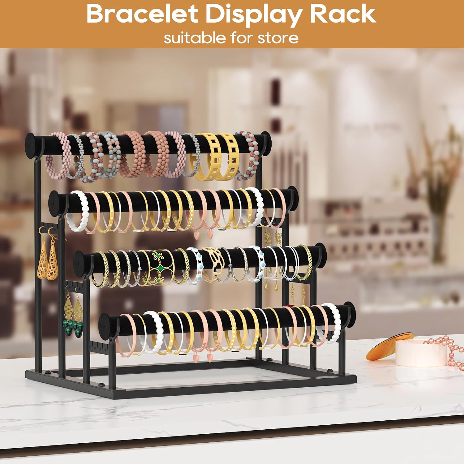 ORLESS 4 Tier Bracelet Holder, 2 Pack Detachable Velvet Jewelry Display Stand, T-Bar Necklace Storage Organizer Display Stand, Metal Bracelet Holder Display for Bangles Bracelets Scrunchies(Black)