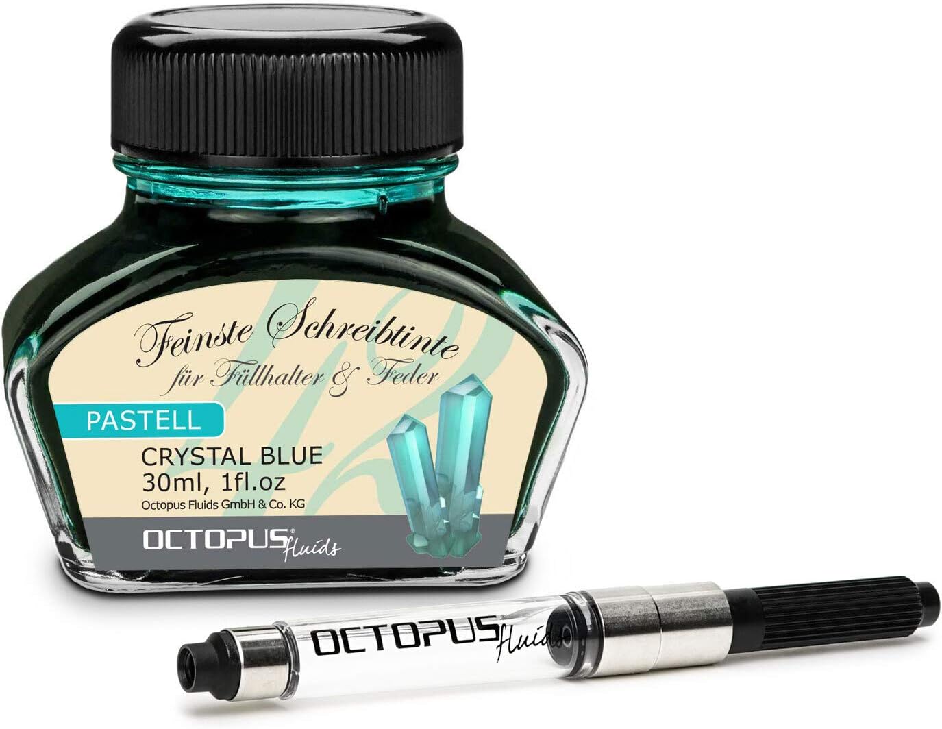 Octopus Fluids Crystal Blue - Fountain Pen Ink in Pastel Colours, Converter Included, Writing Ink in Inkwell, Blue 30 ml