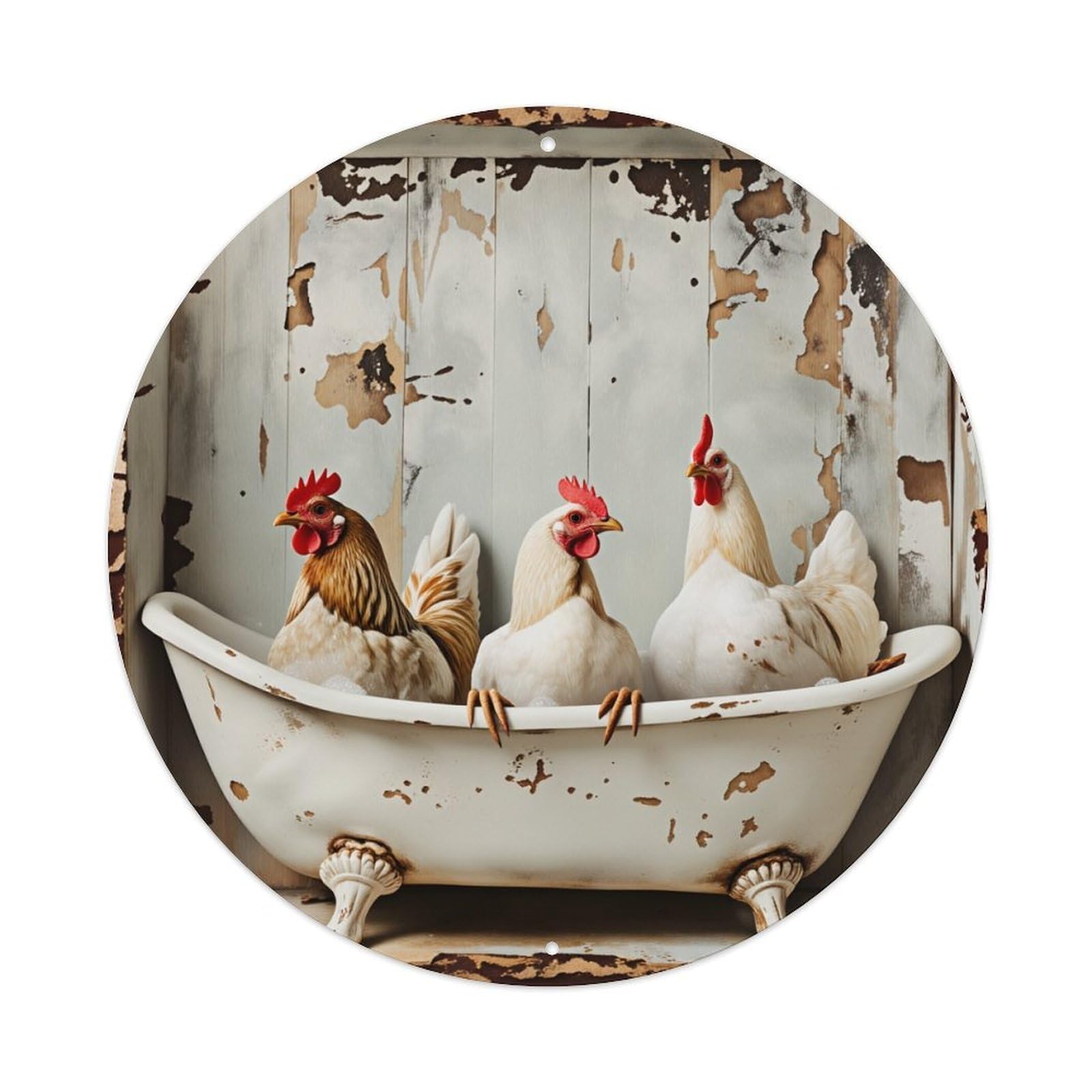Chicken Bath Tub Rustic Farm Round Tin Sign Vintage Style Metal Sign Home Bar Garden Wall Plaque Decor Metal Poster 8x8 Inch