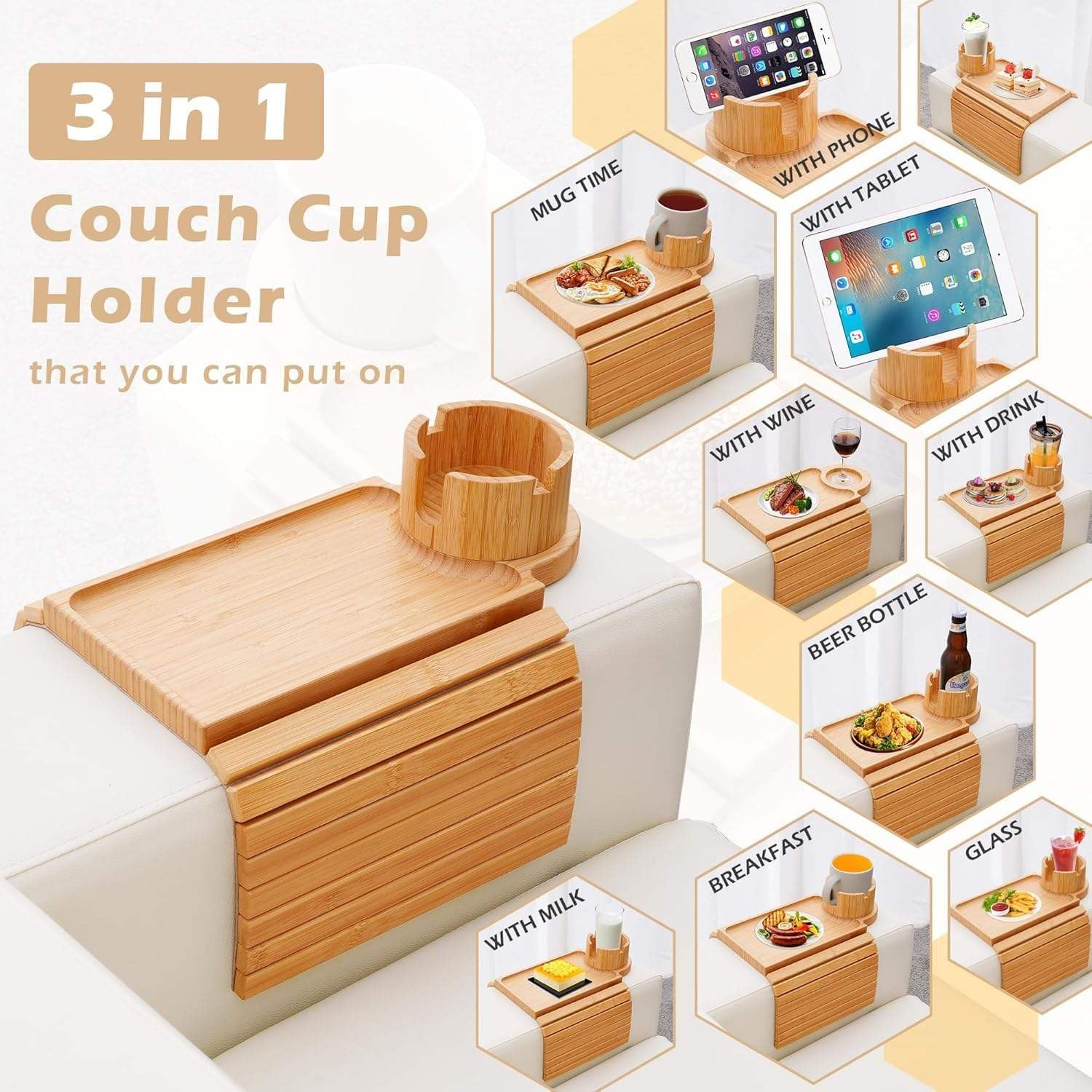 OMEO Couch Cup Holder Tray, 3 in 1 Couch Arm Trays – Large Bamboo Chair Arm Rest Tray with 360° Cup Holder | Removable Anti-Slip Organizer for Snack Eating