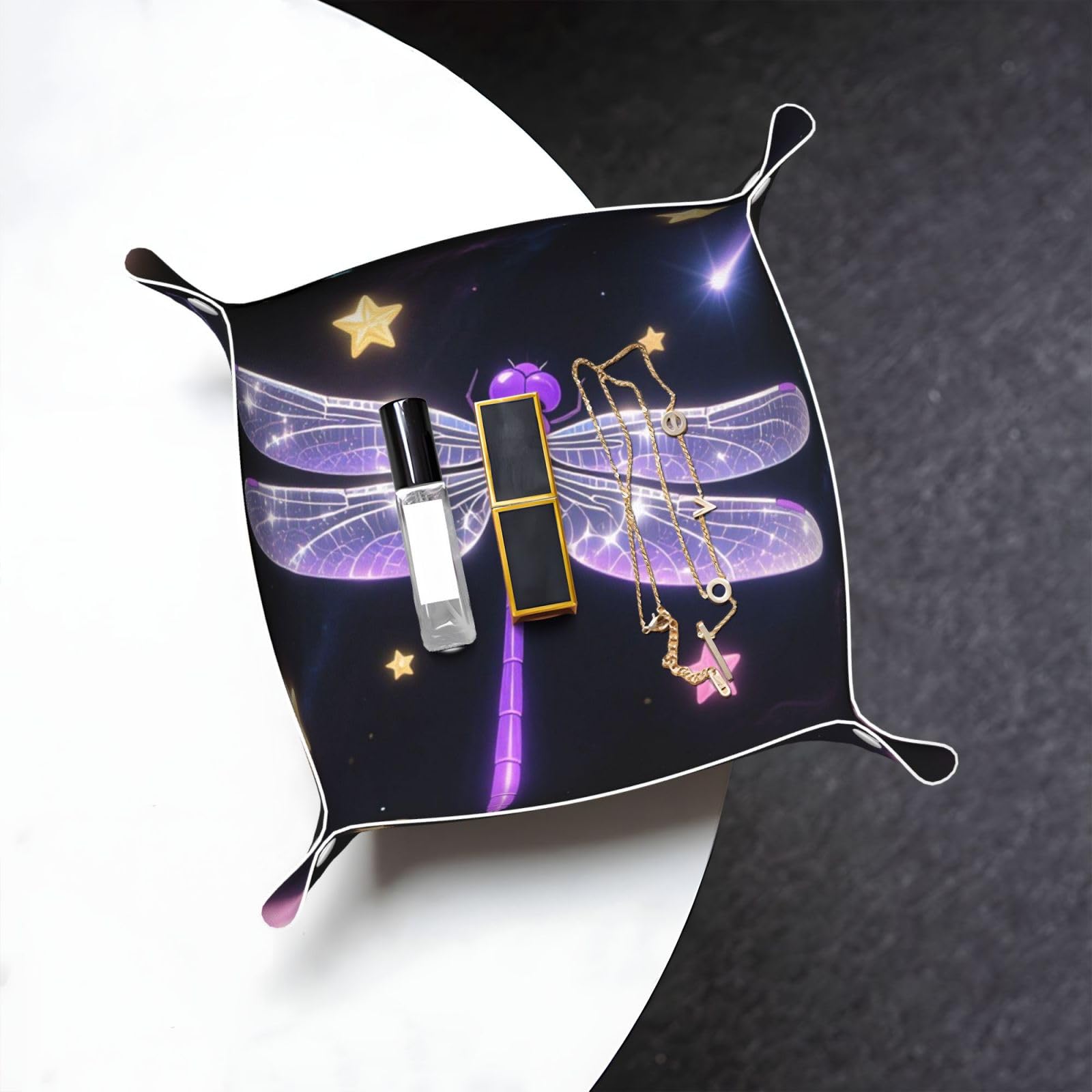 Purple Dragonfly Shiny Stars Valet Tray Organizer Pu Leather Travel Catchall Tray Organizer Portable Jewelry Tray Storage Keys Tray for Entryway Table Coins Watches Candy
