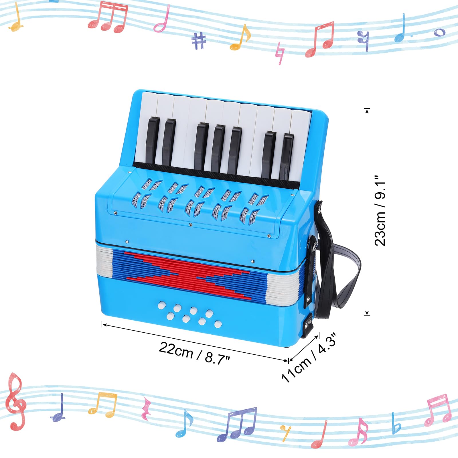 sourcing map Acordeón, 17 teclas, 8 botones de bajo, juguete de acordeón, mini instrumento musical ligero para adultos, principiantes, educativos, azul claro