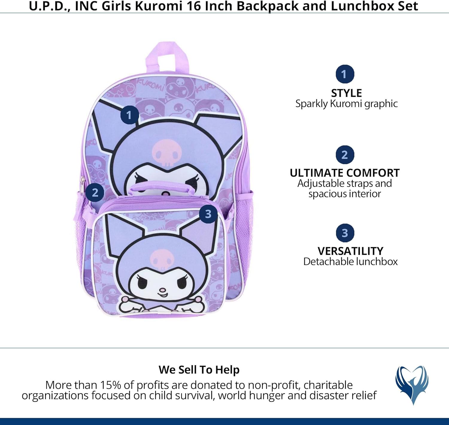 Fast Forward Hello Kitty Kuromi 16" Purple School Backpack and Rectangular Lunch Bag Attached