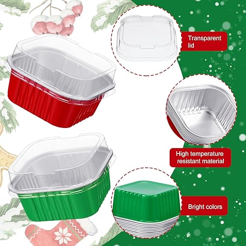Miniatura 3 de Suttmin 100 vasos de aluminio de Navidad para cupcakes con tapas, 5 onzas, soporte cuadrado de papel de aluminio, mini moldes desechables para
