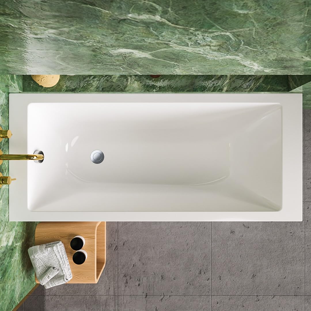 ECOLAM Vasca da bagno TAMI 140 x 70 cm + grembiule, vasca rettangolare in acrilico sanitario, set completo con grembiule acrilico, scarico e troppopieno, set di piedini automatici in silicone