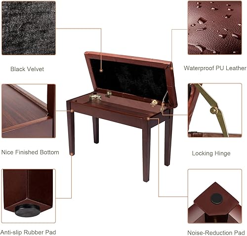 Miniatura 28 de Bonnlo Banco de piano de madera doble/dúo con almacenamiento y cojín grueso, acolchado de piel sintética, asiento para piano para artista