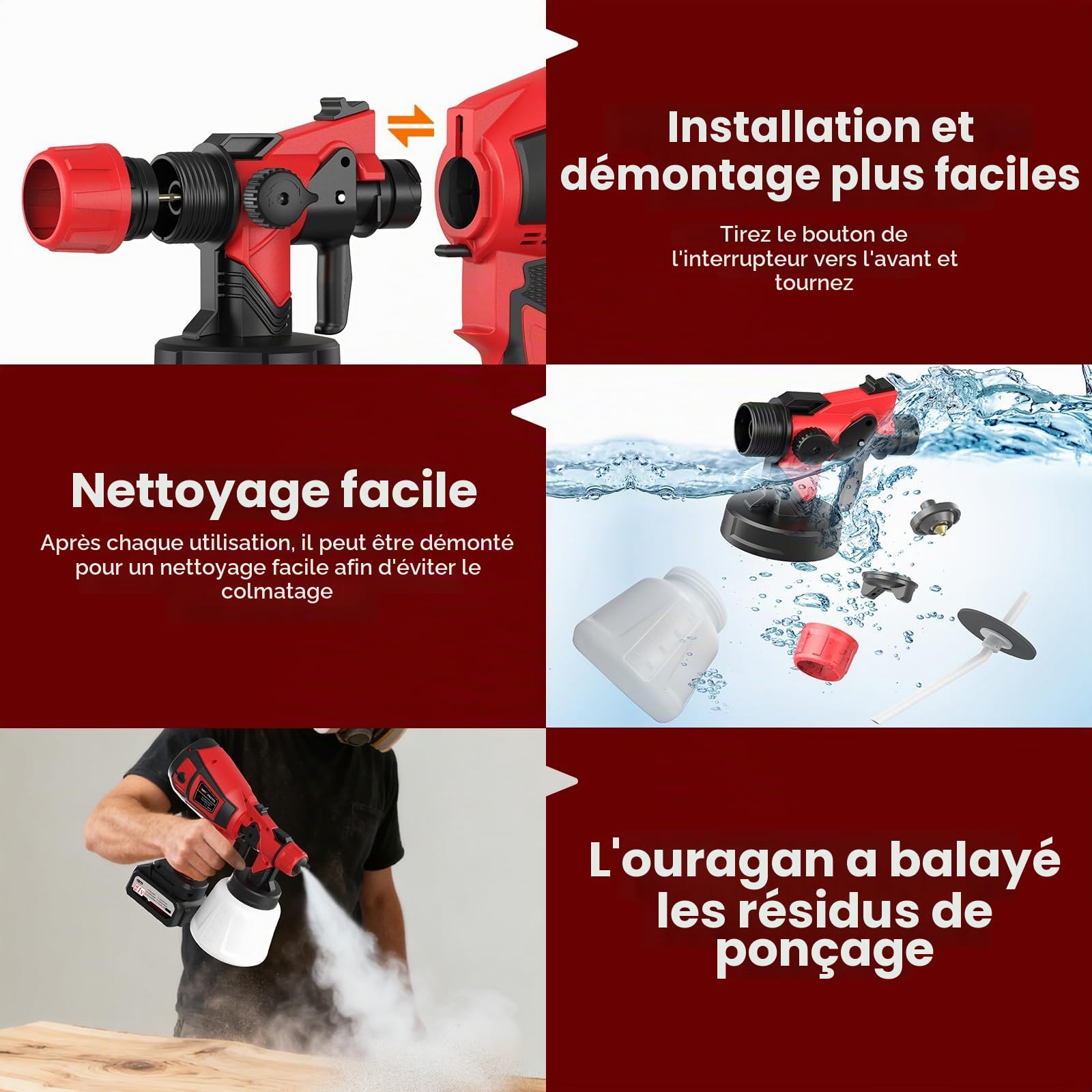Pistolet Peinture Electrique, HVLP 650W Pulvérisateurs de Peinture avec 2x4000mAh Batteries,6 Buses et 3 Modes,Réservoir de 1000ML,Pistolet a Peinture sans Fil pour Maison,Meubles (Rouge)