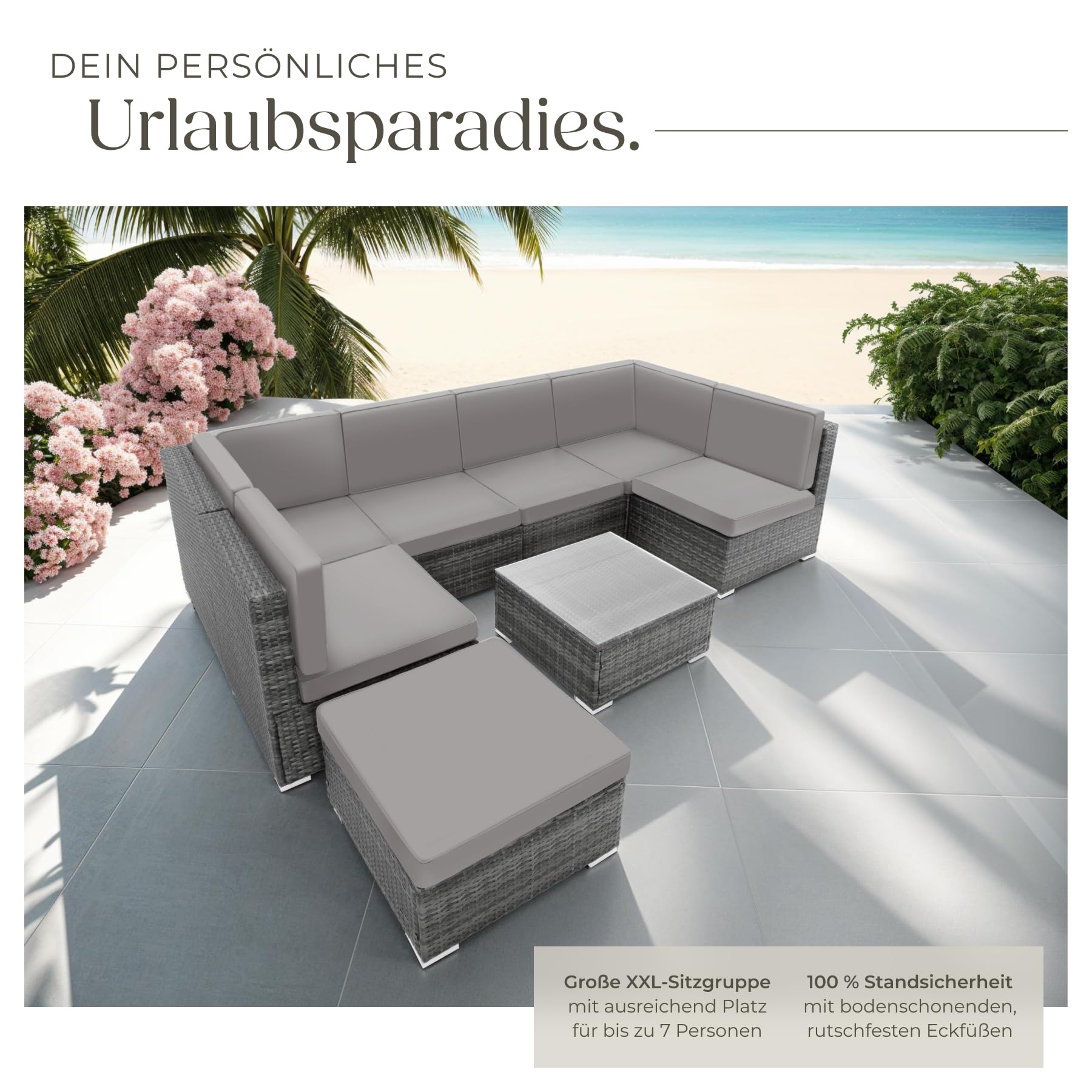 tectake XXL Polyrattan Lounge, Gartenmöbel Set, Sitzgruppe, Balkon Möbel mit 6 Sitze 1 Tisch 1 Hocker, inkl. Sitzkissen, Gartenlounge Outdoor, wetterfest, für Garten, Balkon, Terrasse - grau