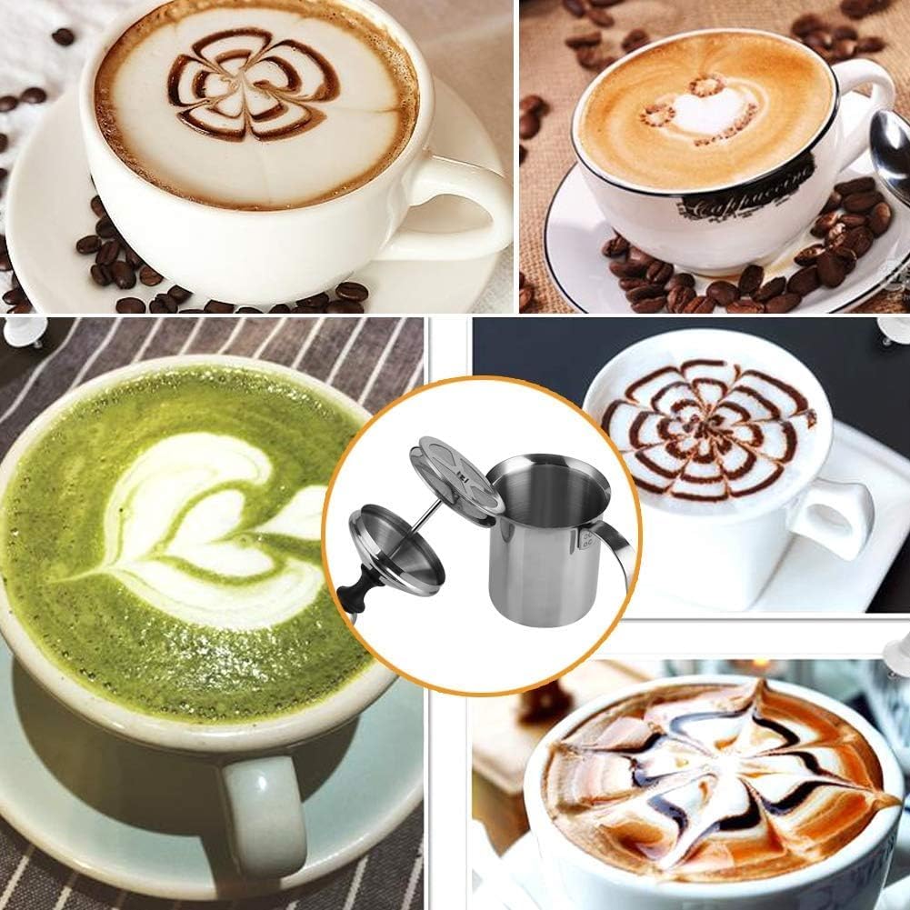 HERCHR 800ml Montalatte, schiumalatte in acciaio inox doppia rete manuale, Pompa Schiuma Latte per Cappuccino e Caffè
