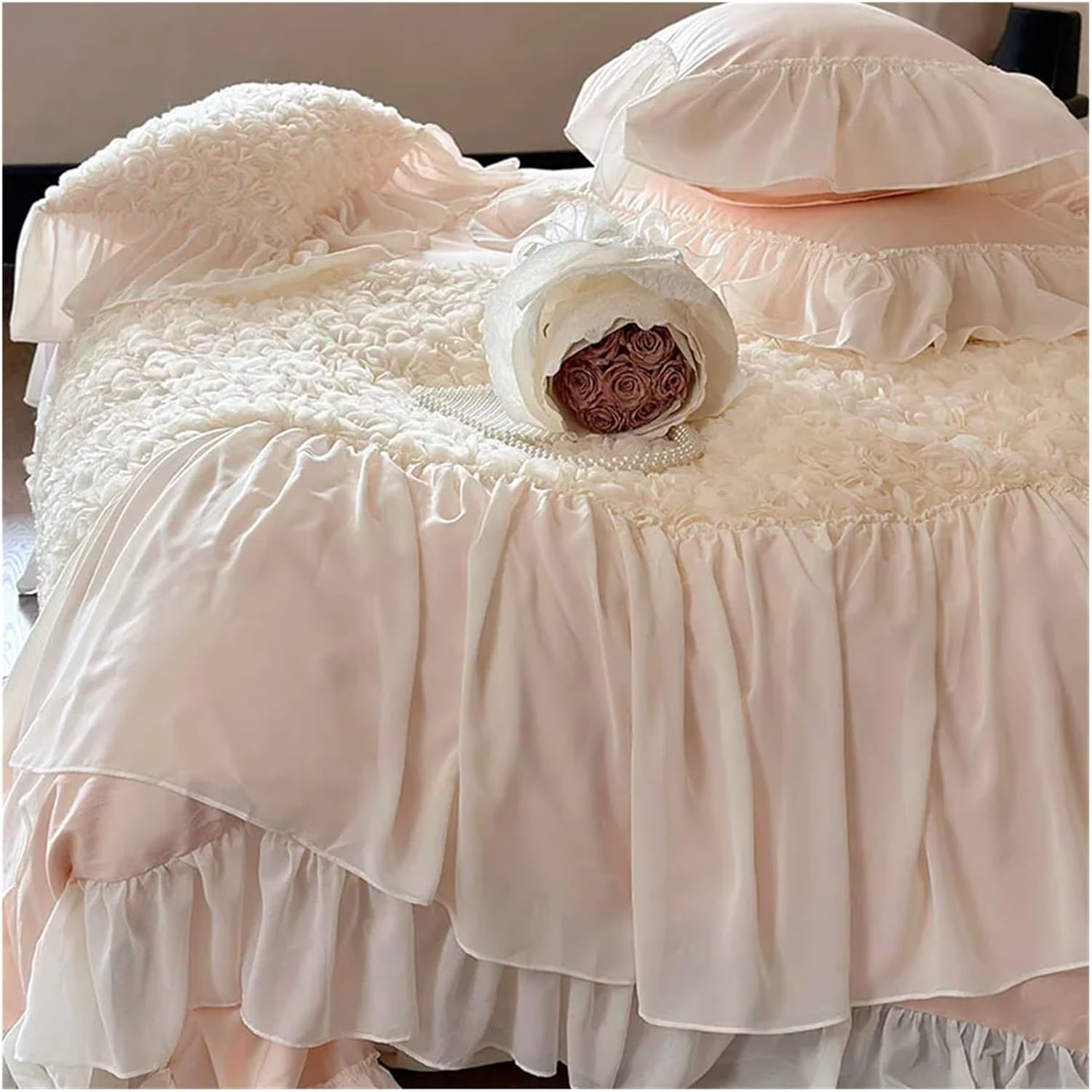 Three-Dimensional Rose Lace Ruffles Patchwork 100S Egyptian Cotton Duvet Cover Bed Sheet Pillowcase Princess Wedding Bedding Set,Bed